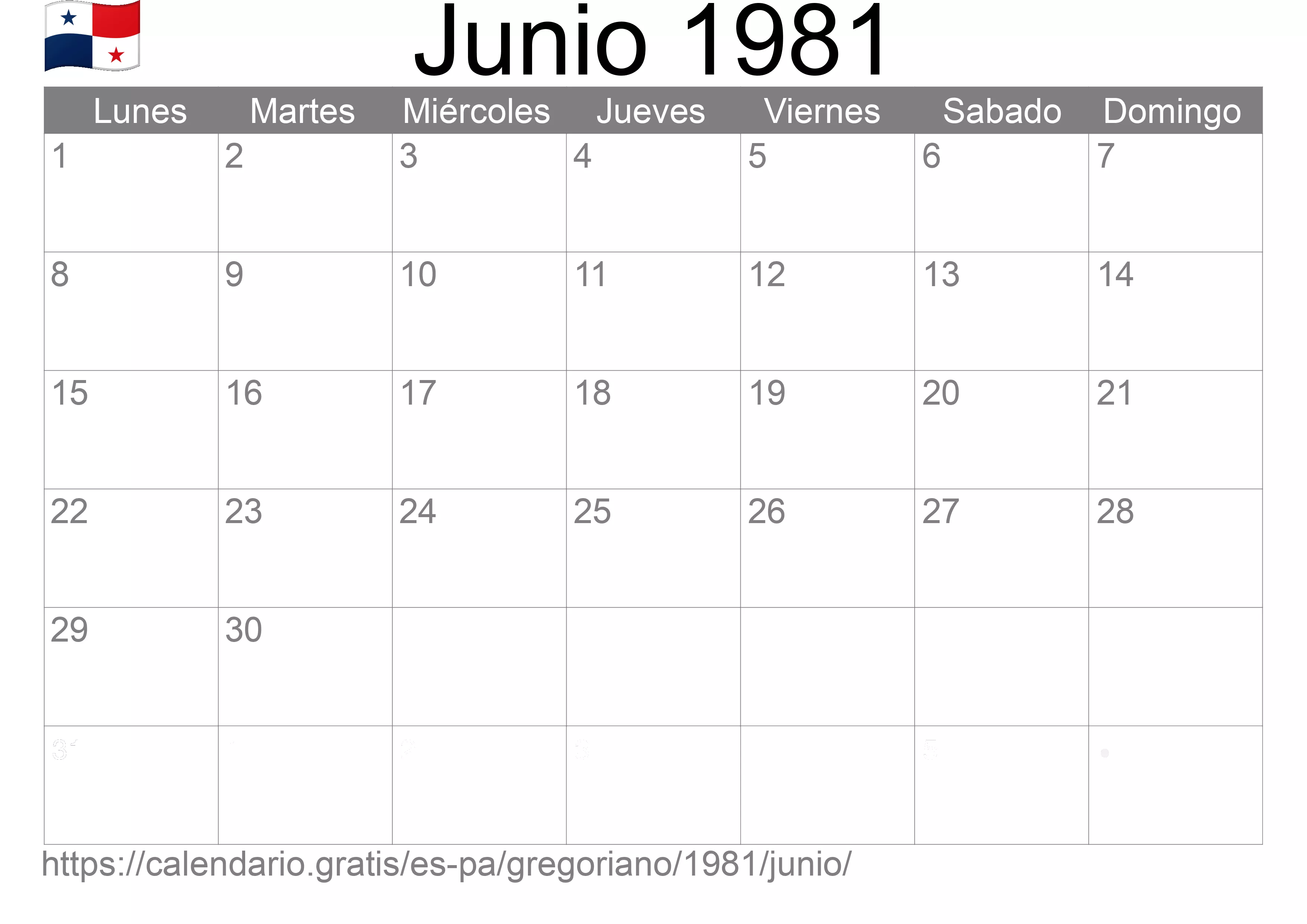 Calendario Junio 1981 para imprimir (Panamá)