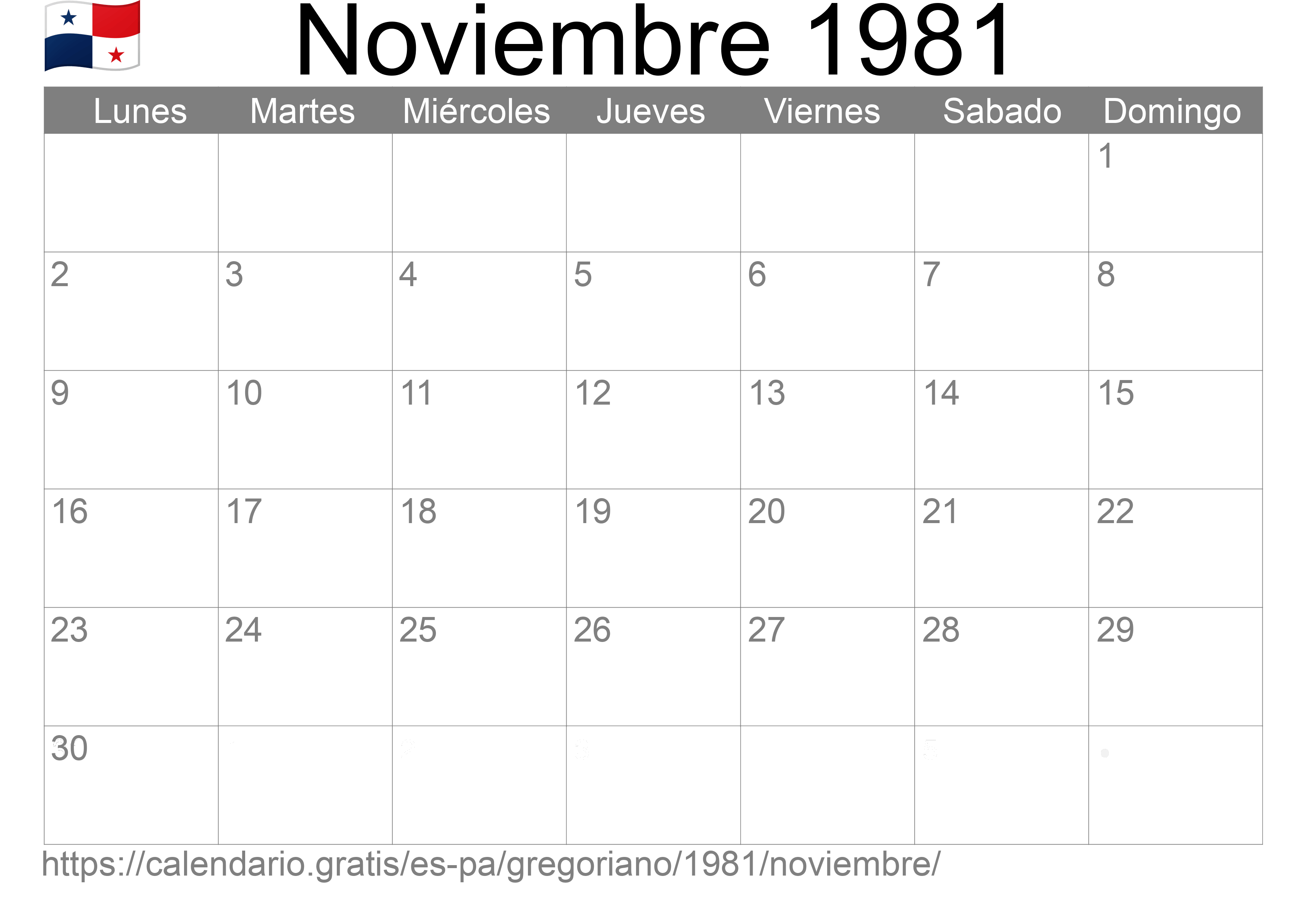 Calendario Noviembre 1981 para imprimir