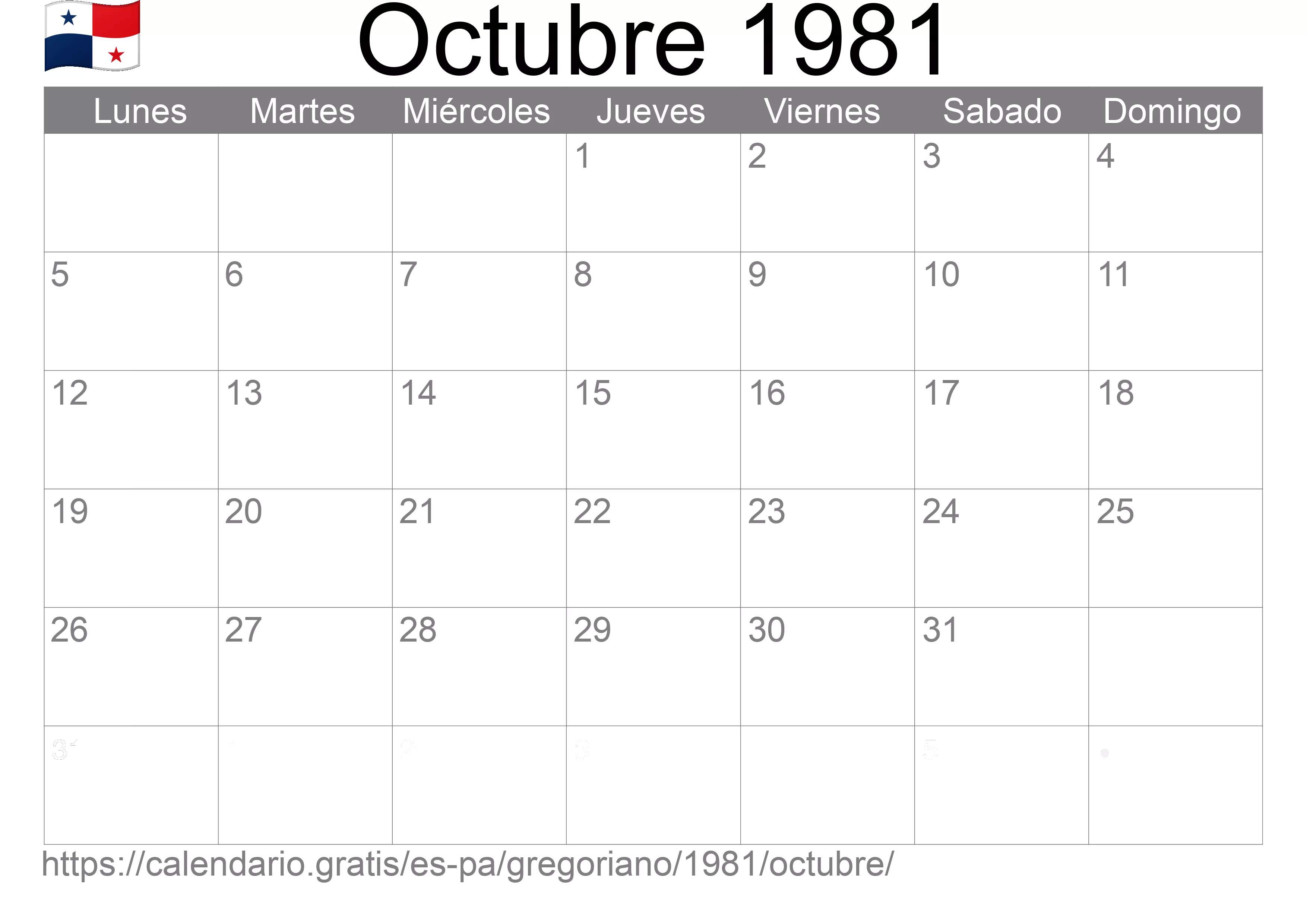 Calendario Octubre 1981 para imprimir (Panamá)