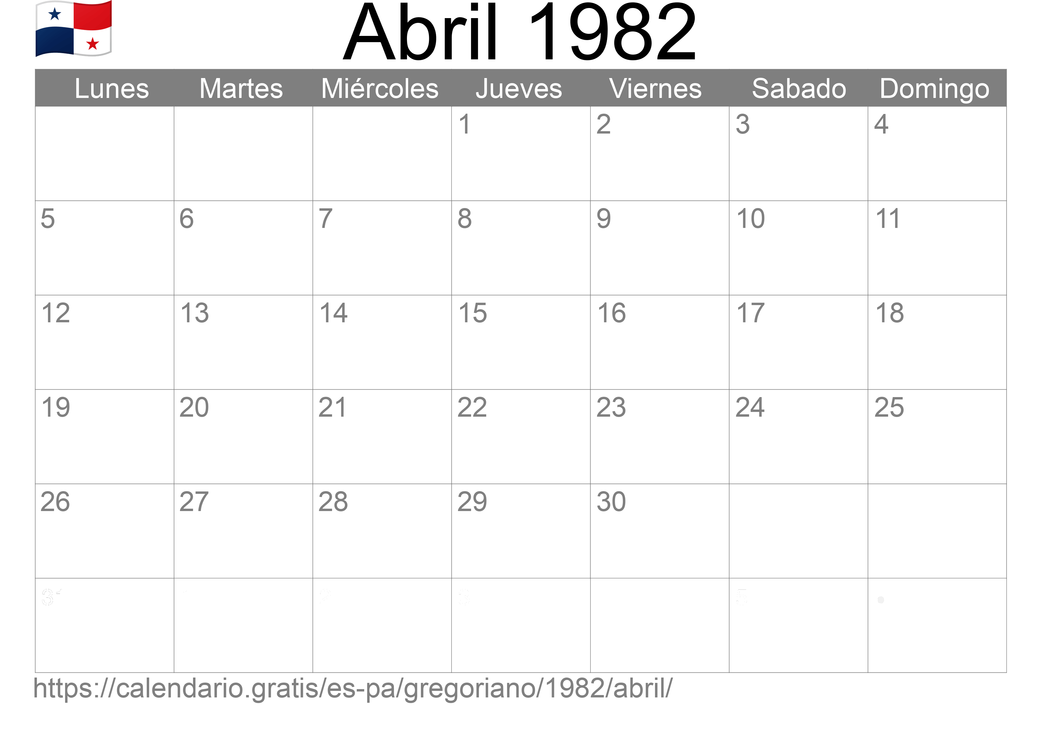 Calendario Abril 1982 para imprimir