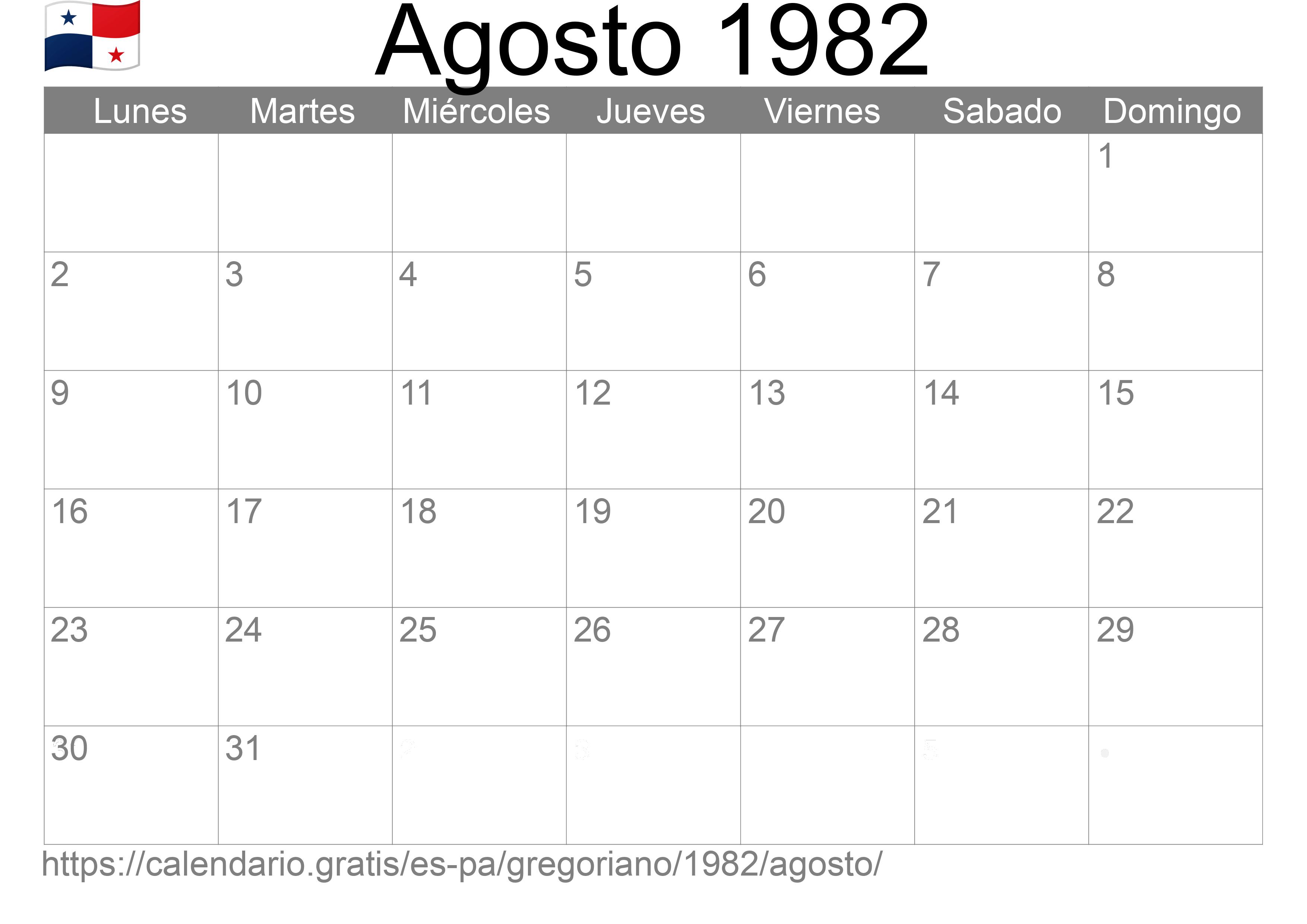 Calendario Agosto 1982 para imprimir