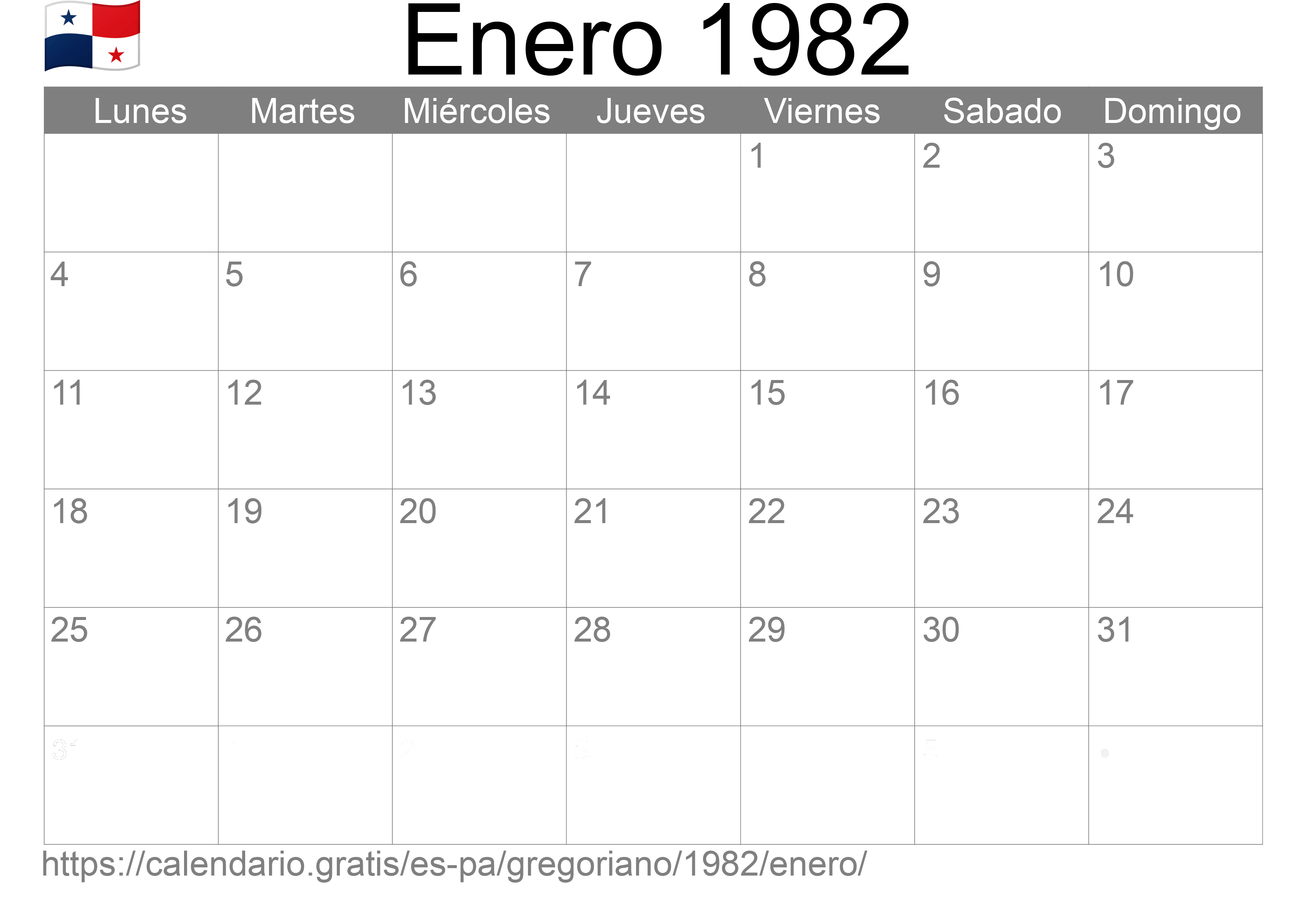 Calendario Enero 1982 para imprimir