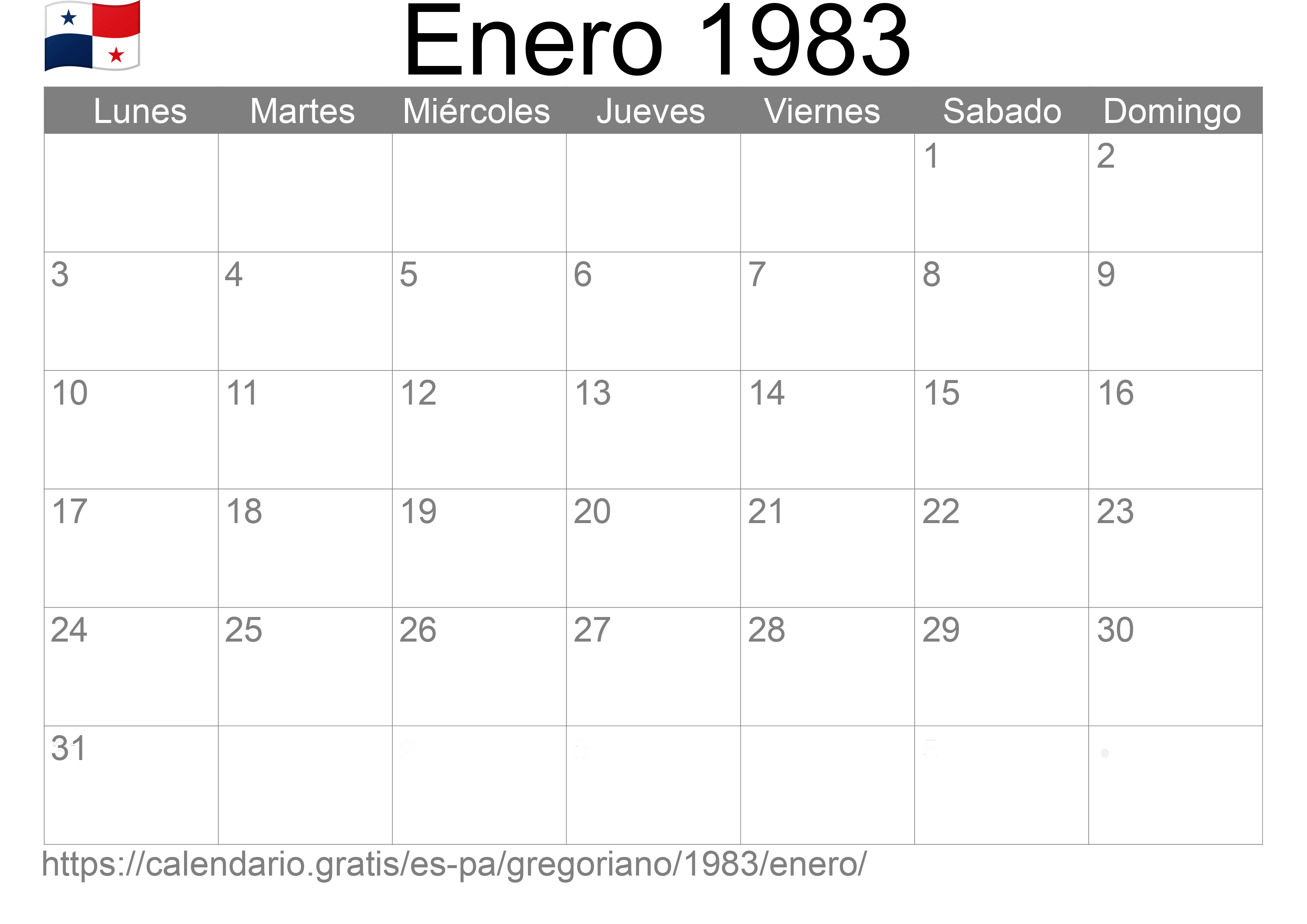 Calendario Enero 1983 para imprimir