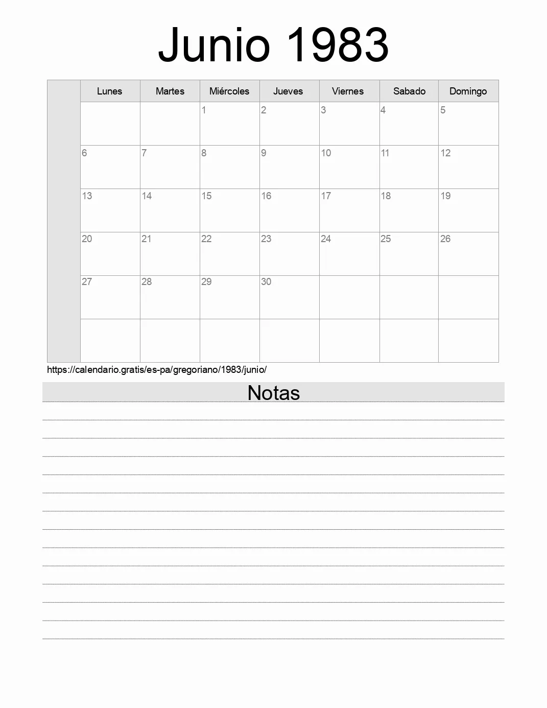 Calendario Junio 1983 para imprimir con notas. (Panamá)