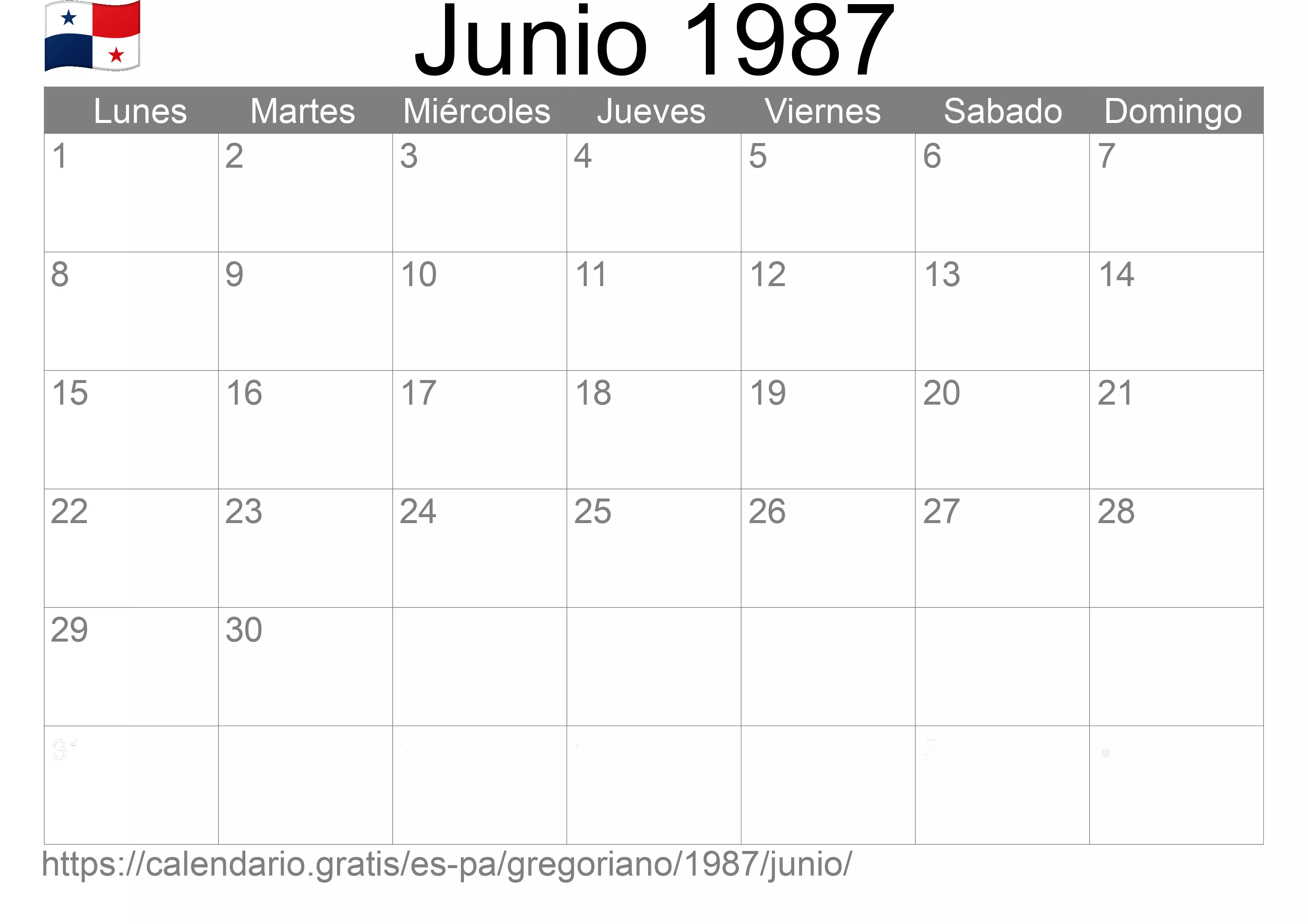 Calendario Junio 1987 para imprimir (Panamá)