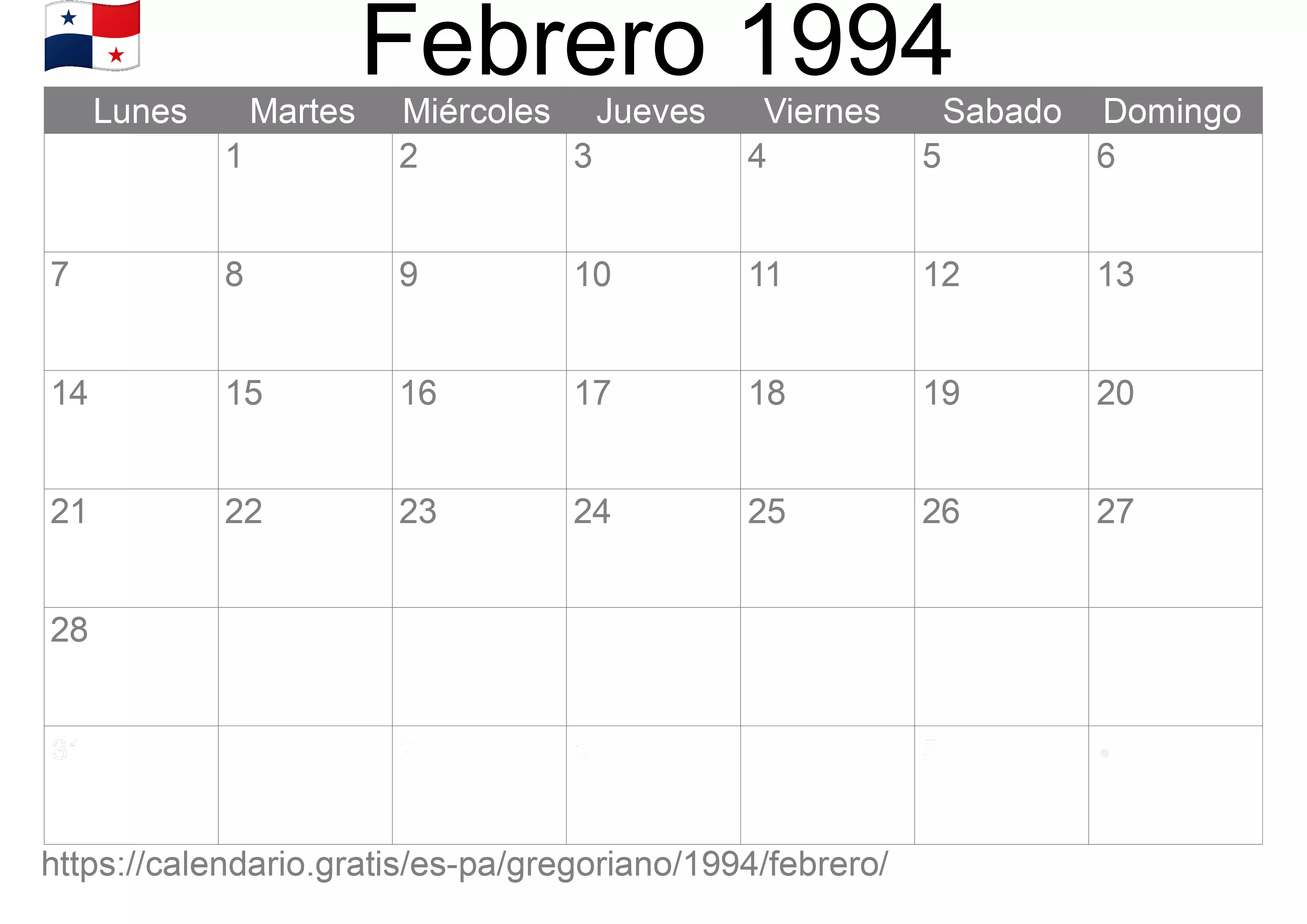 Calendario Febrero 1994 para imprimir (Panamá)