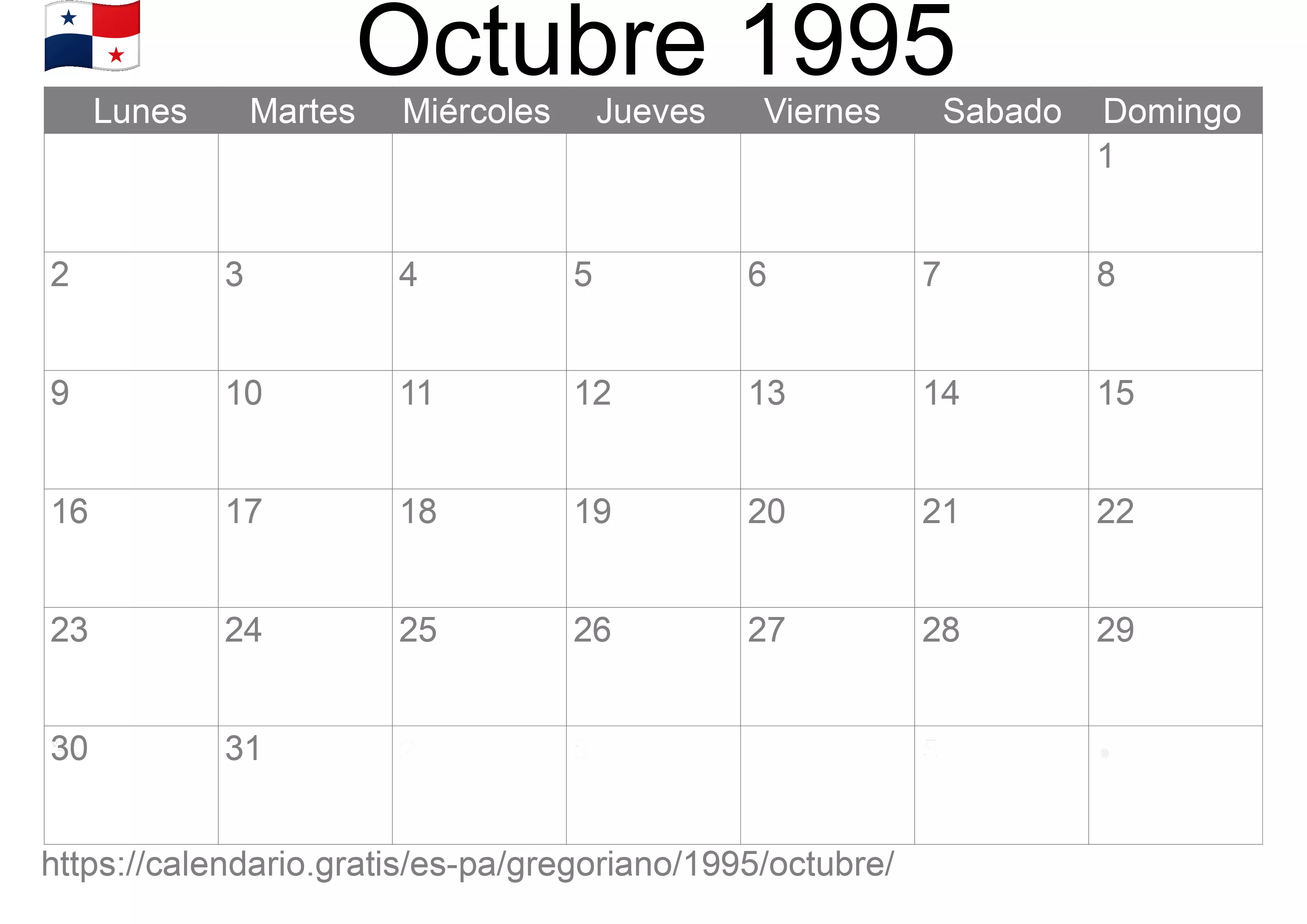 Calendario Octubre 1995 para imprimir (Panamá)