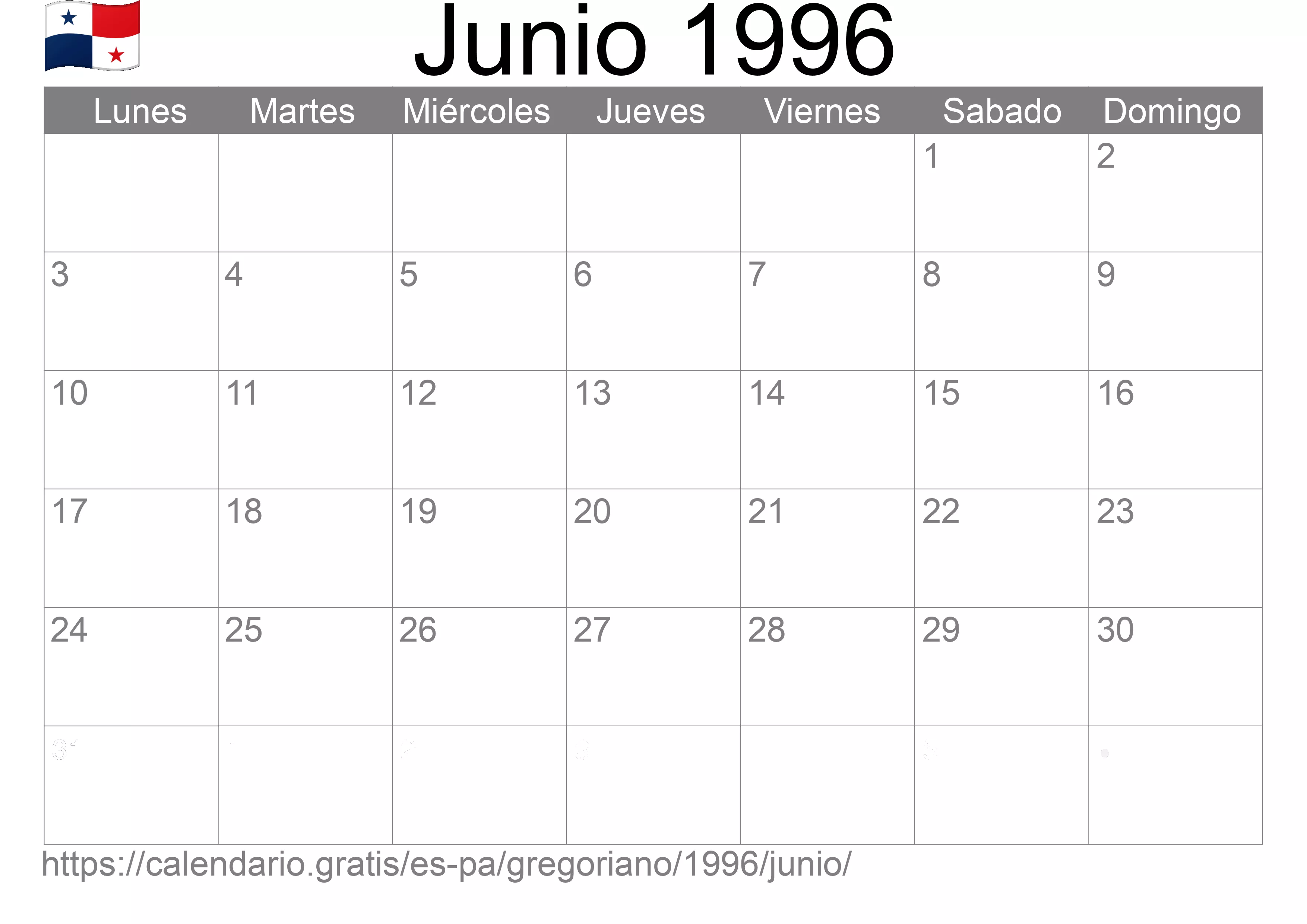 Calendario Junio 1996 para imprimir (Panamá)