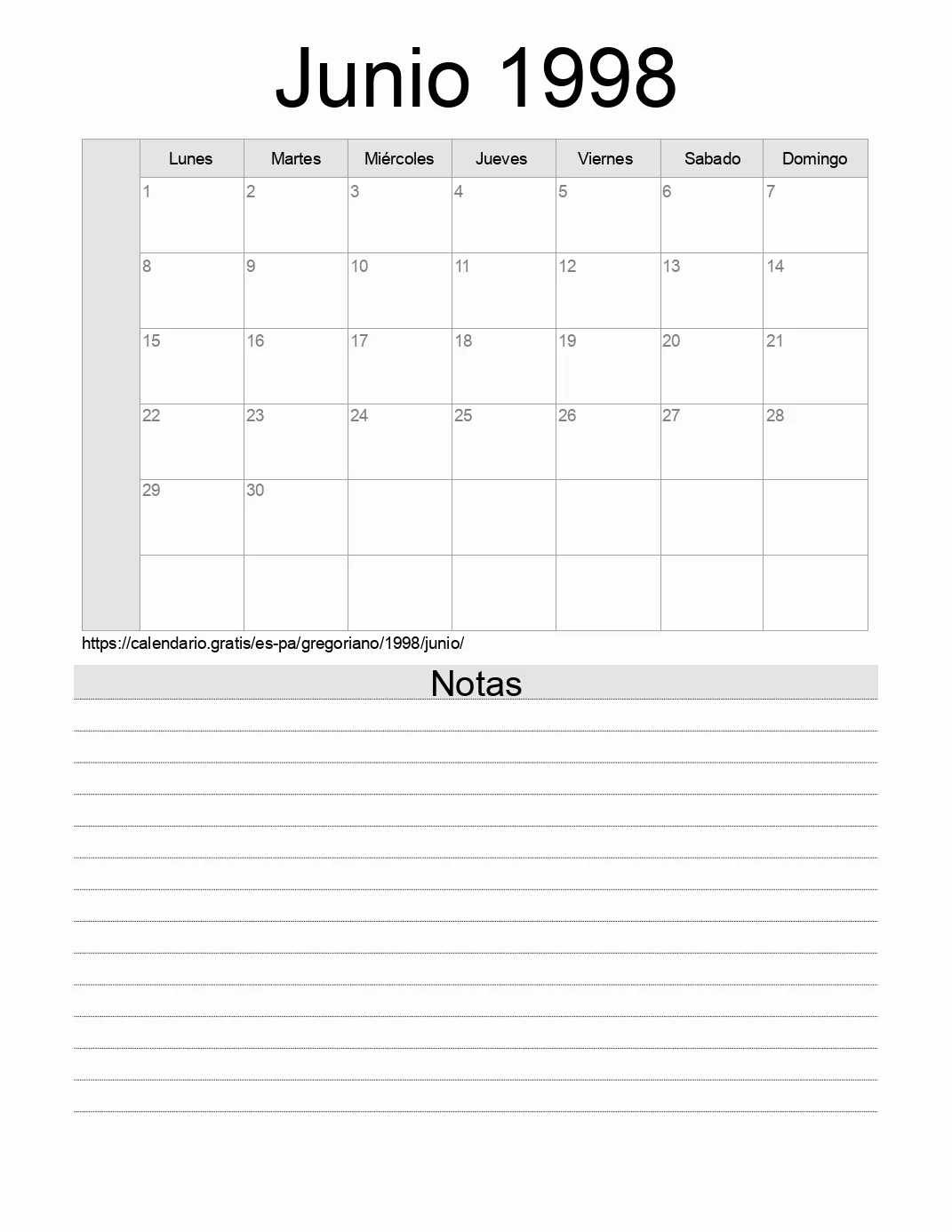 Calendario Junio 1998 para imprimir con notas. (Panamá)