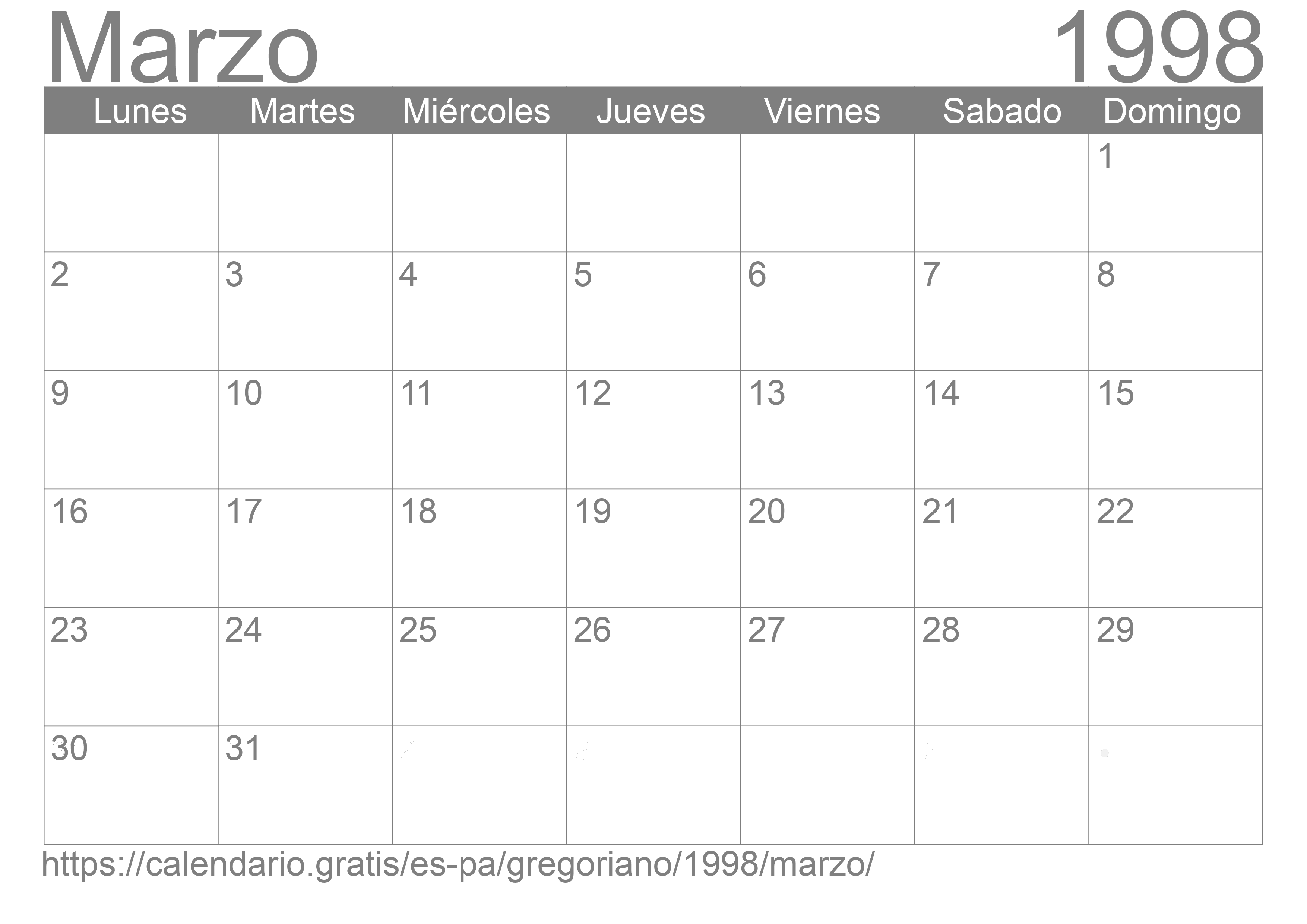 Calendario Marzo 1998 para imprimir