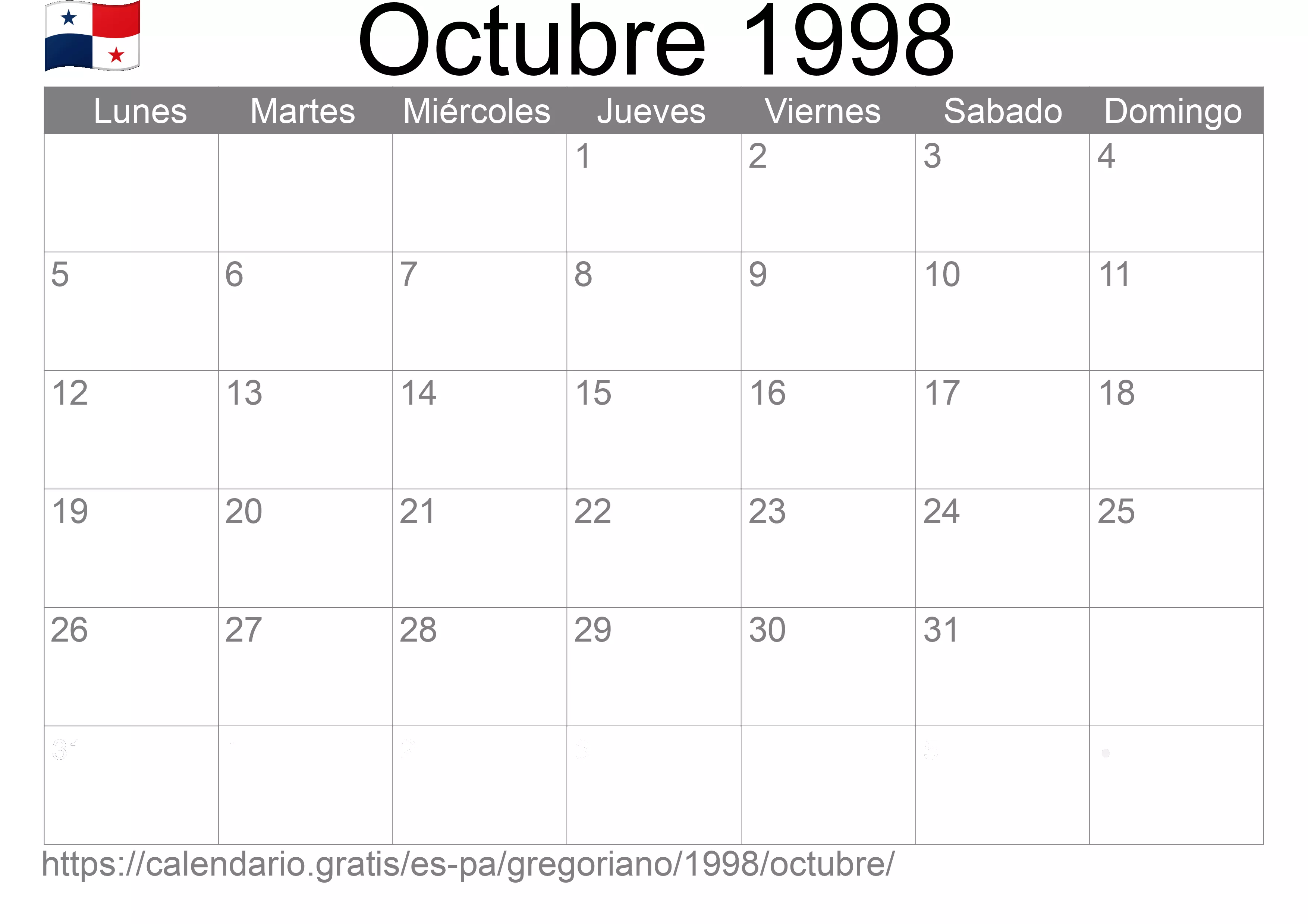 Calendario Octubre 1998 para imprimir (Panamá)