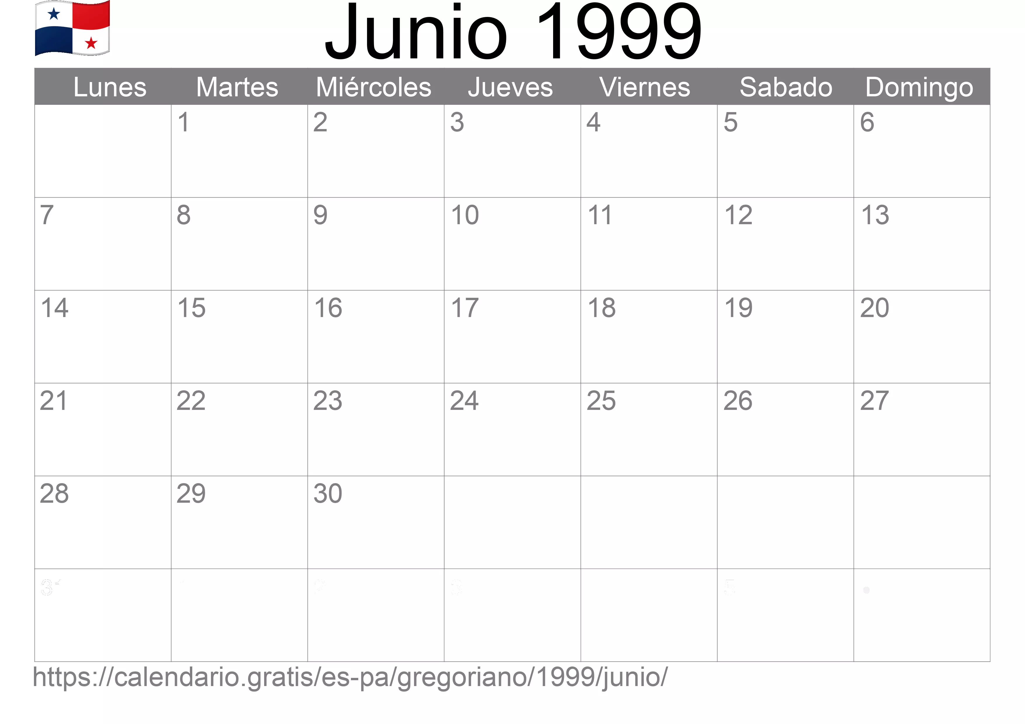 Calendario Junio 1999 para imprimir (Panamá)