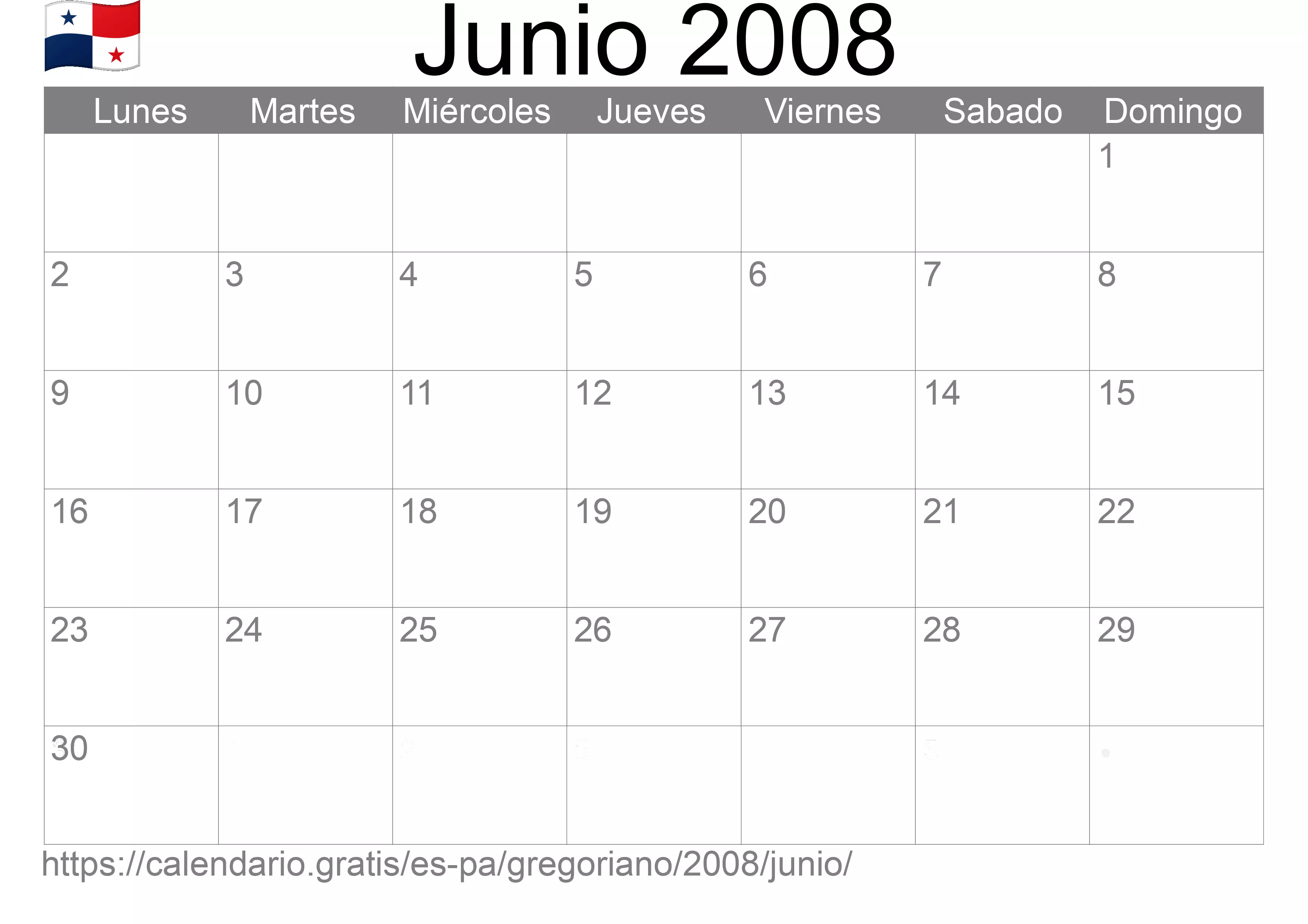 Calendario Junio 2008 para imprimir (Panamá)