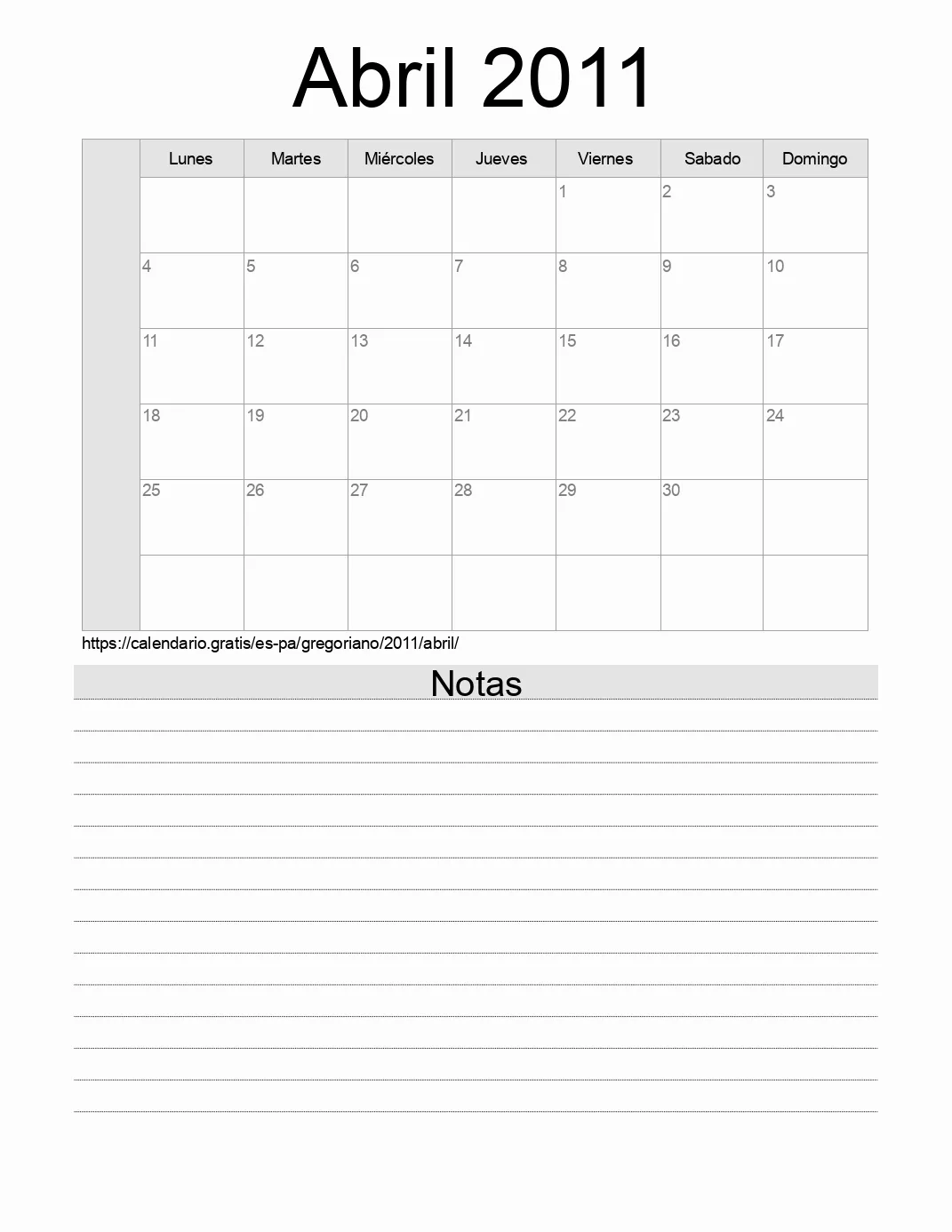 Calendario Abril 2011 para imprimir con notas. (Panamá)