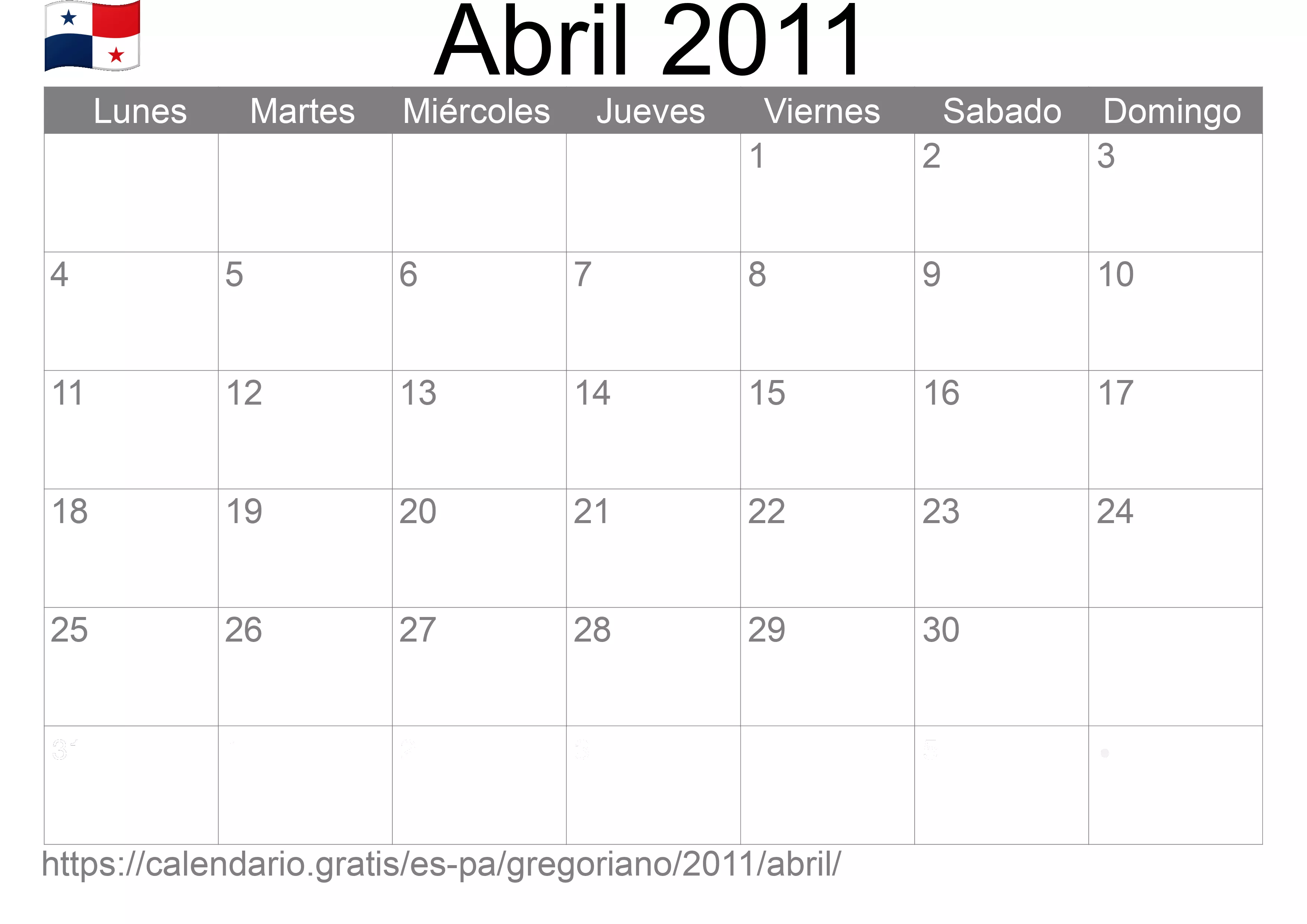 Calendario Abril 2011 para imprimir (Panamá)