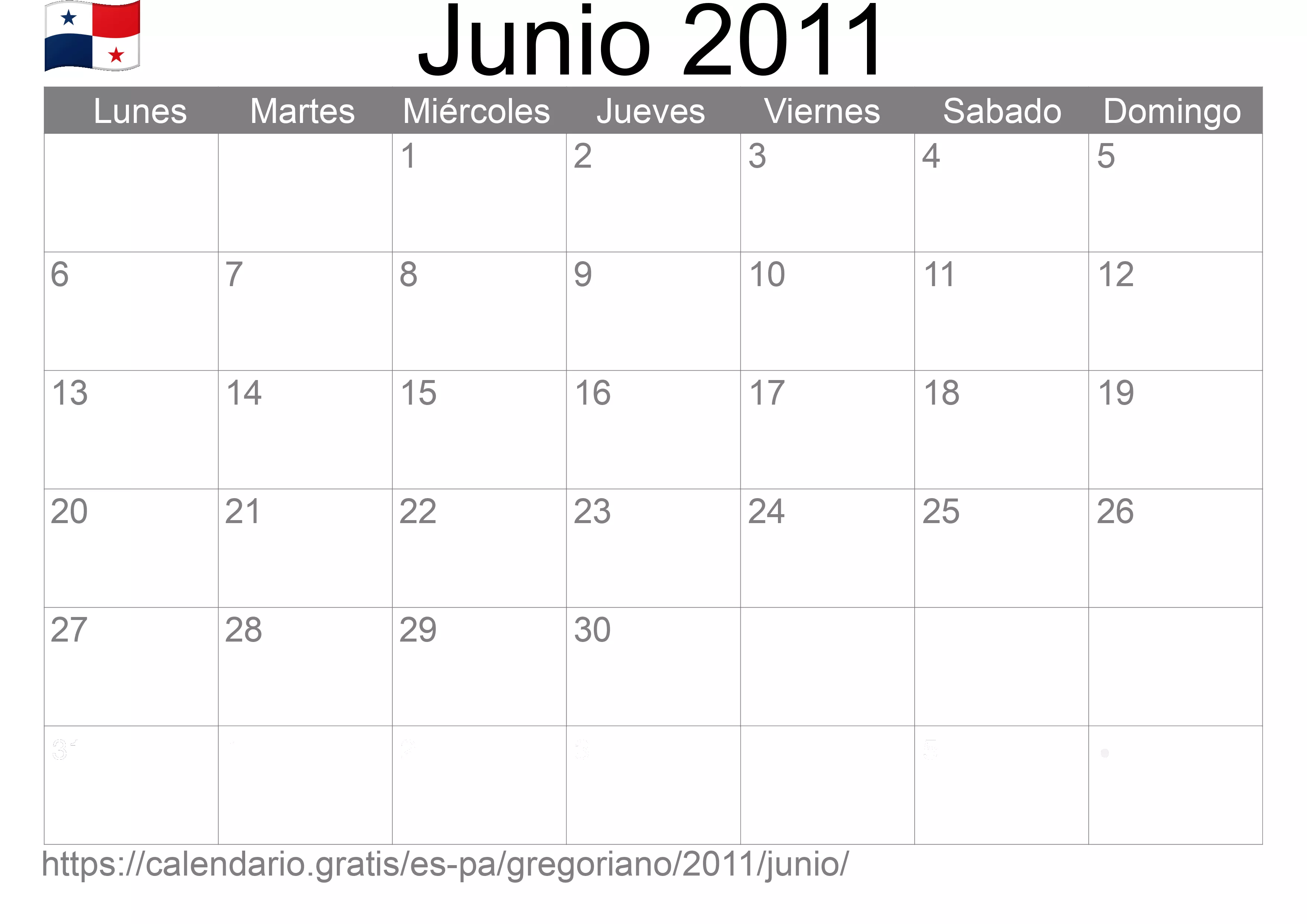 Calendario Junio 2011 para imprimir (Panamá)