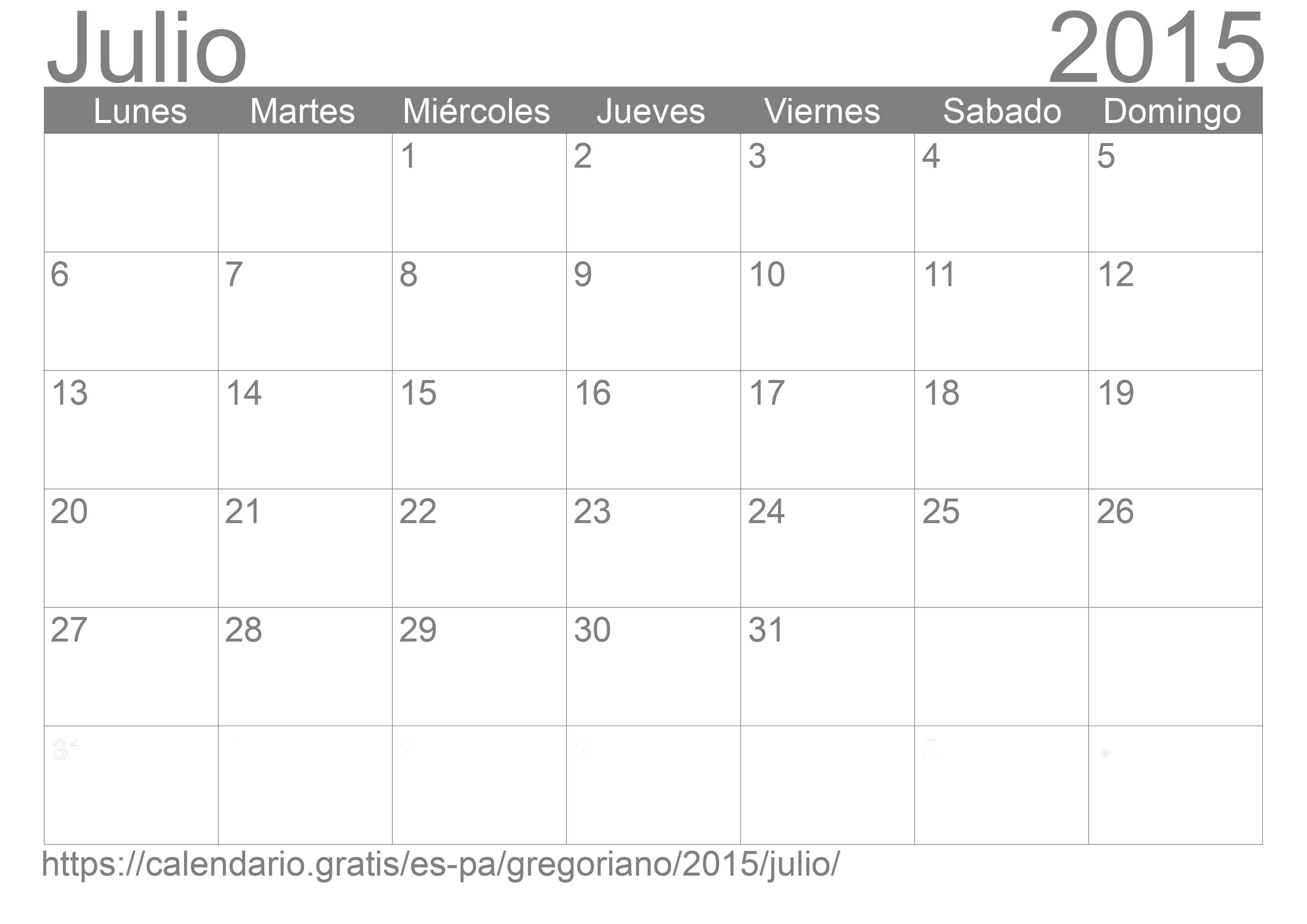 Calendario Julio 2015 para imprimir