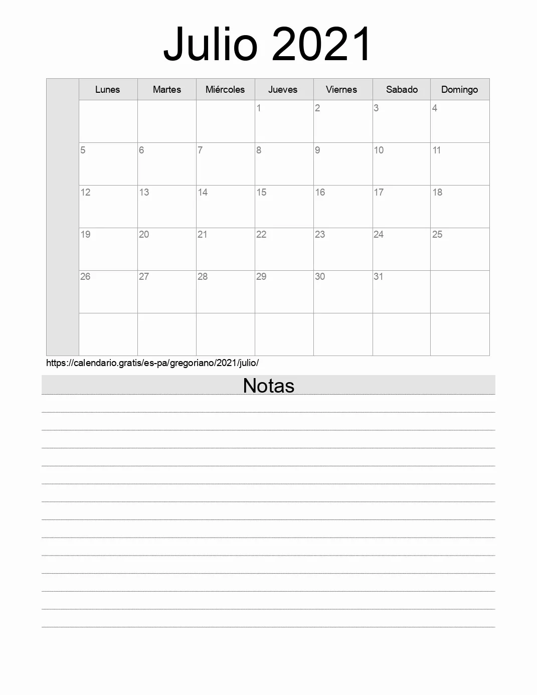 Calendario Julio 2021 para imprimir con notas. (Panamá)