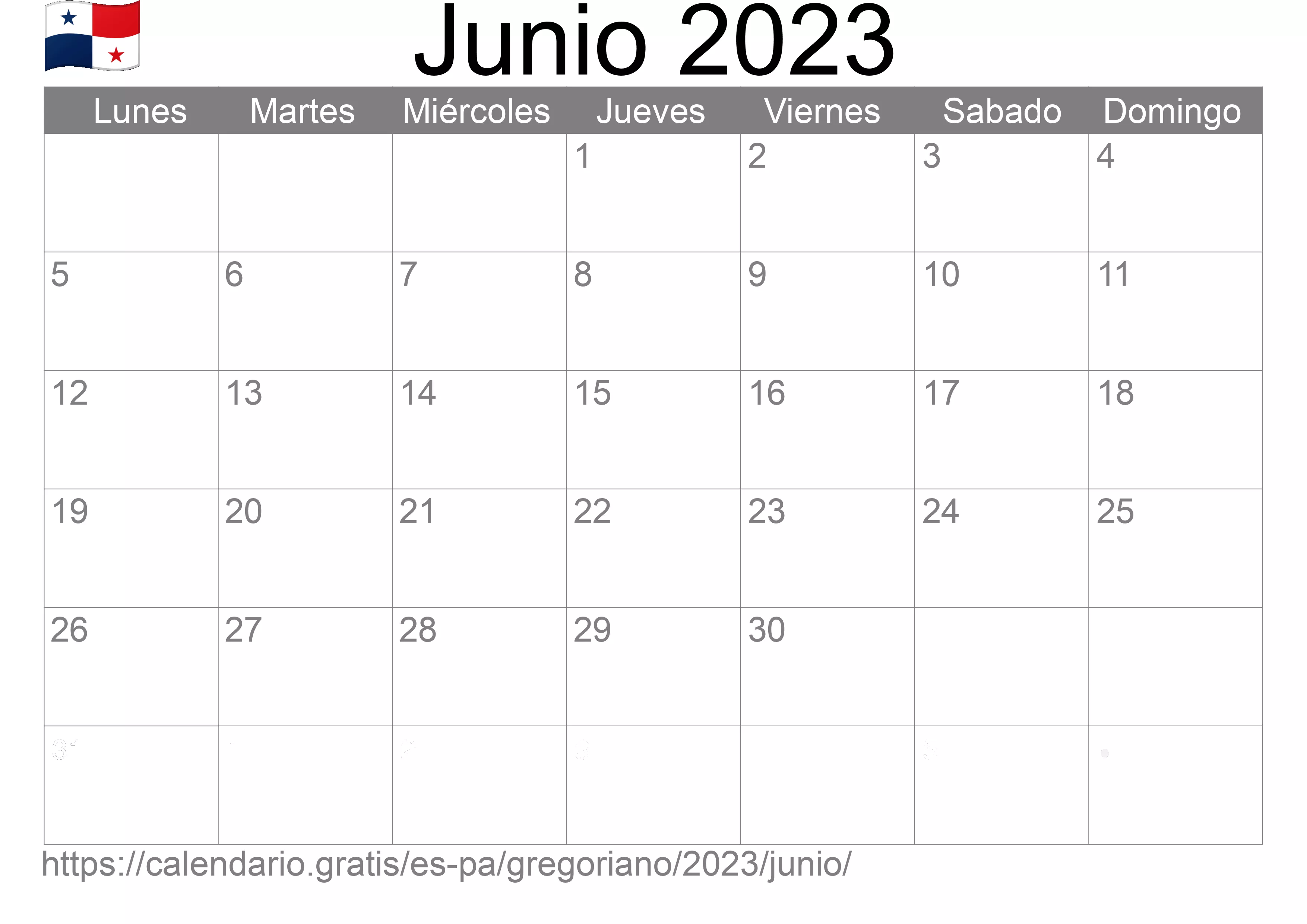 Calendario Junio 2023 para imprimir (Panamá)