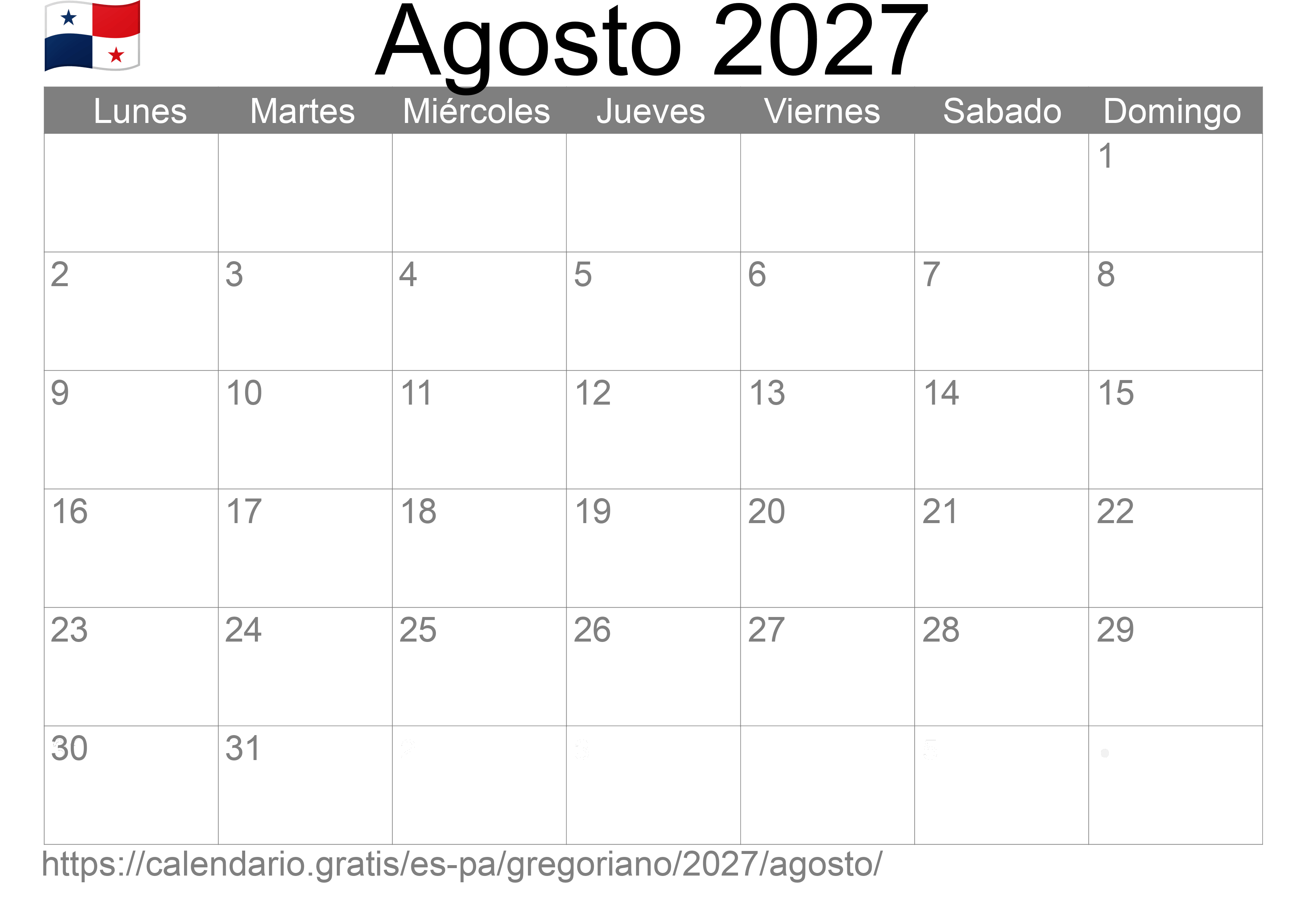 Calendario Agosto 2027 para imprimir