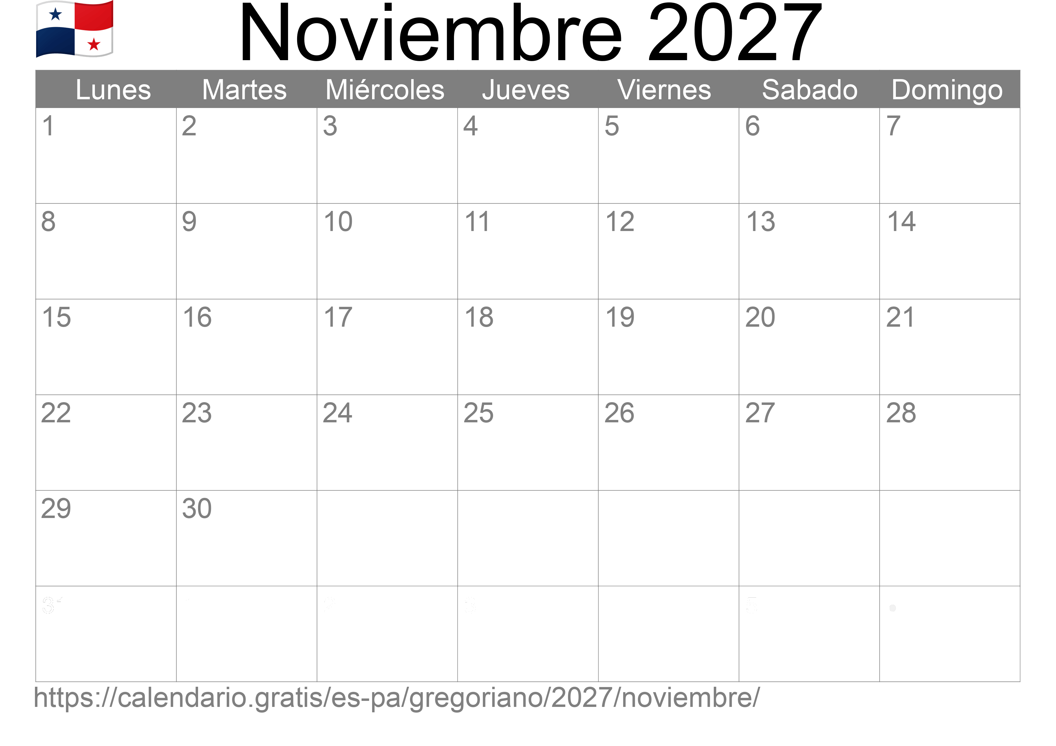 Calendario Noviembre 2027 para imprimir