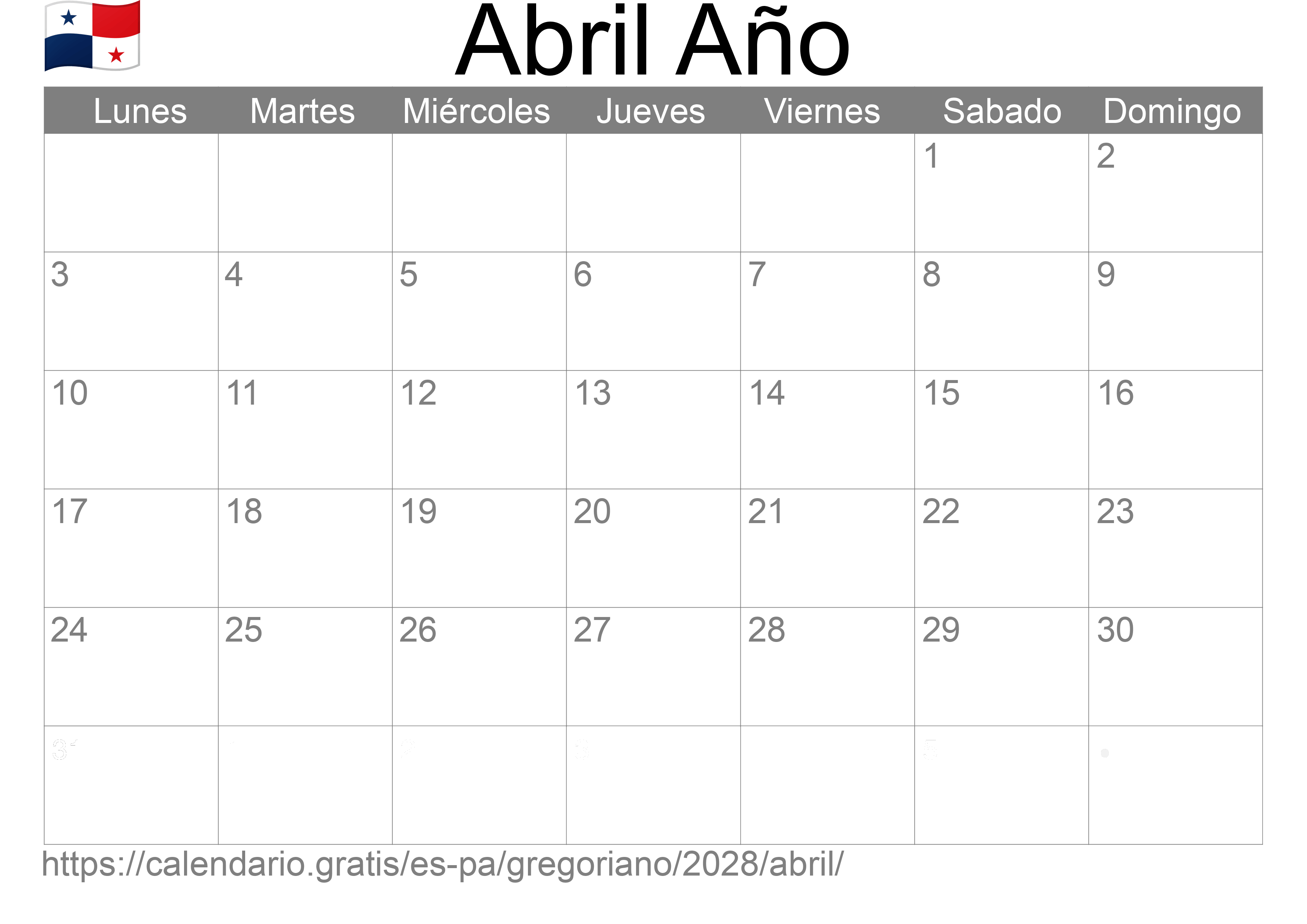 Calendario Abril 2028 para imprimir