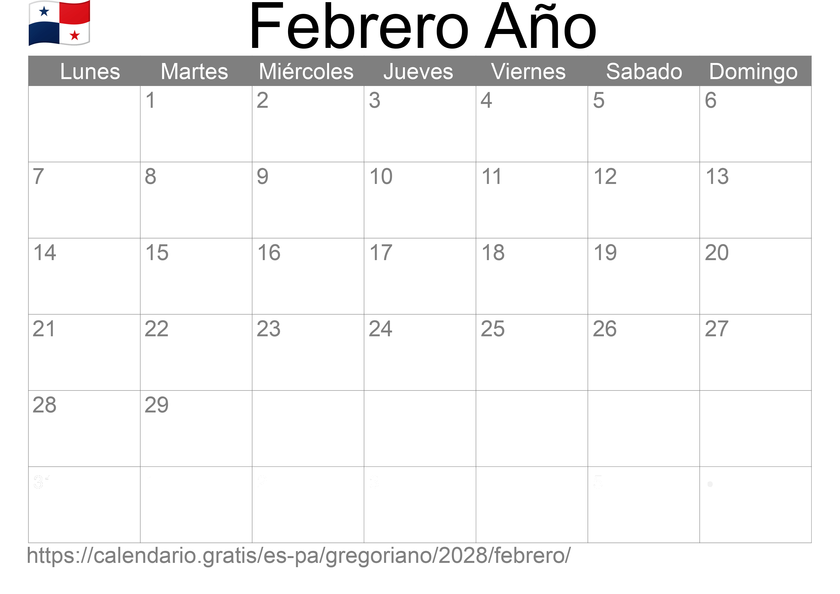 Calendario Febrero 2028 para imprimir