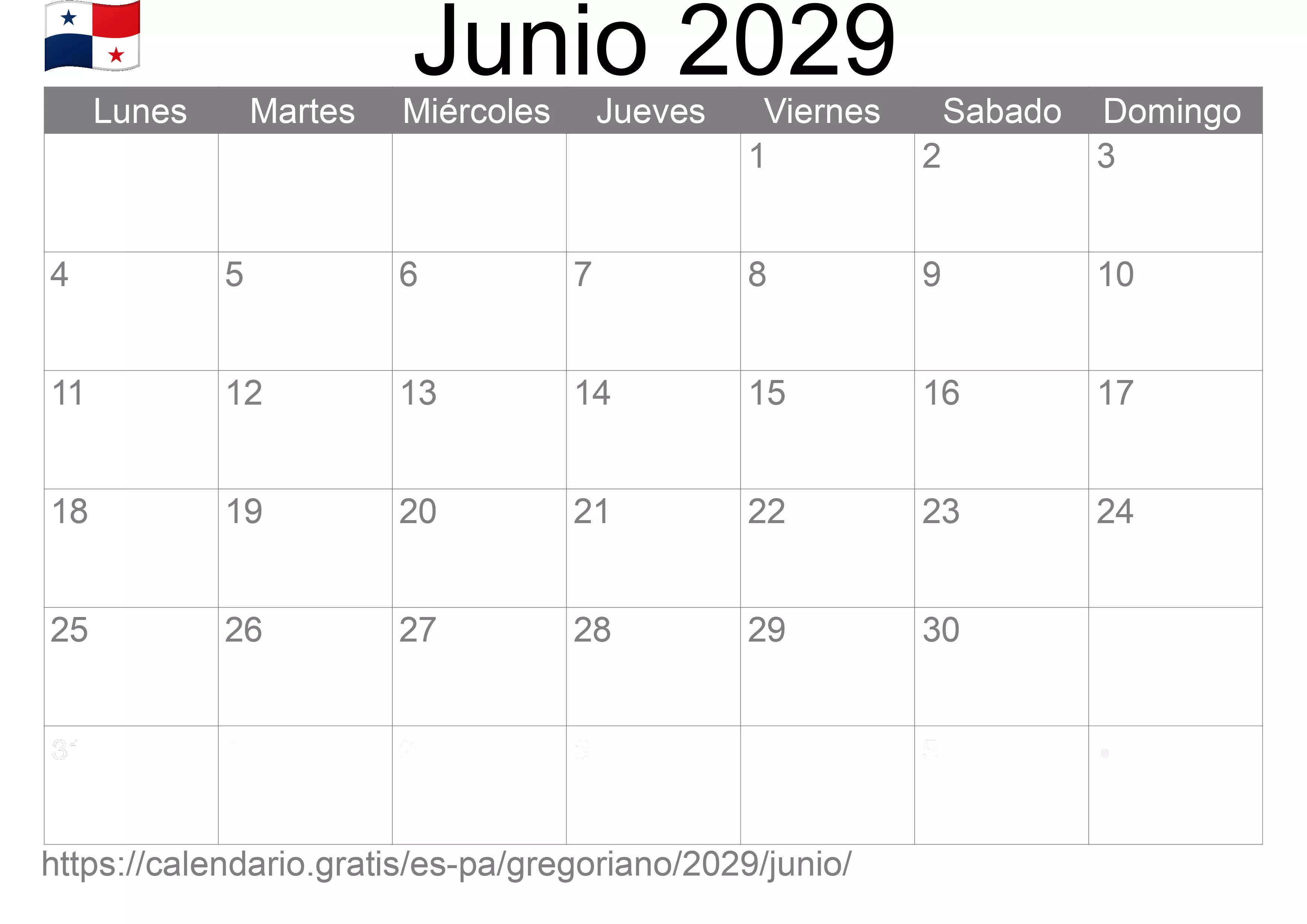 Calendario Junio 2029 para imprimir (Panamá)