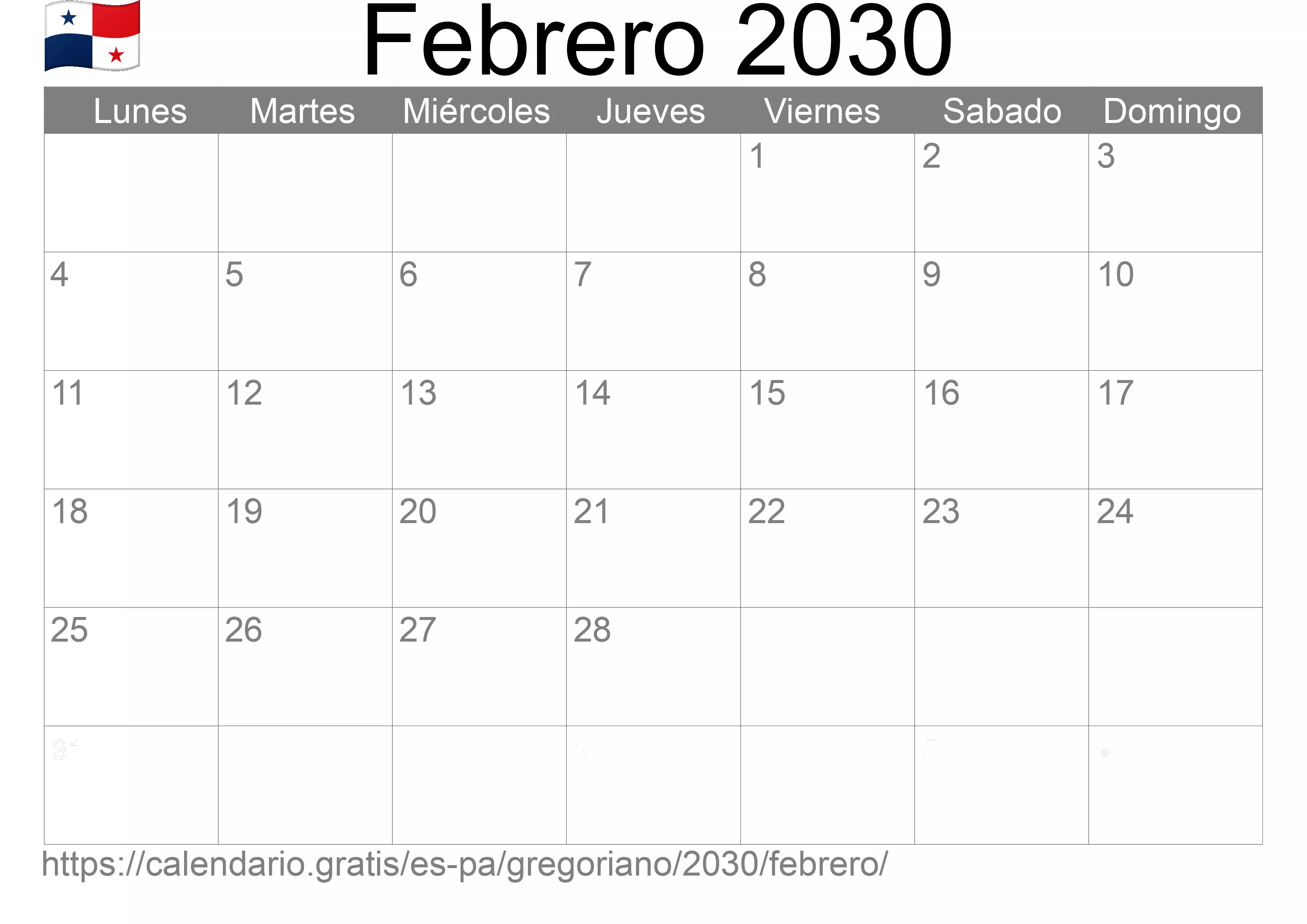 Calendario Febrero 2030 para imprimir (Panamá)