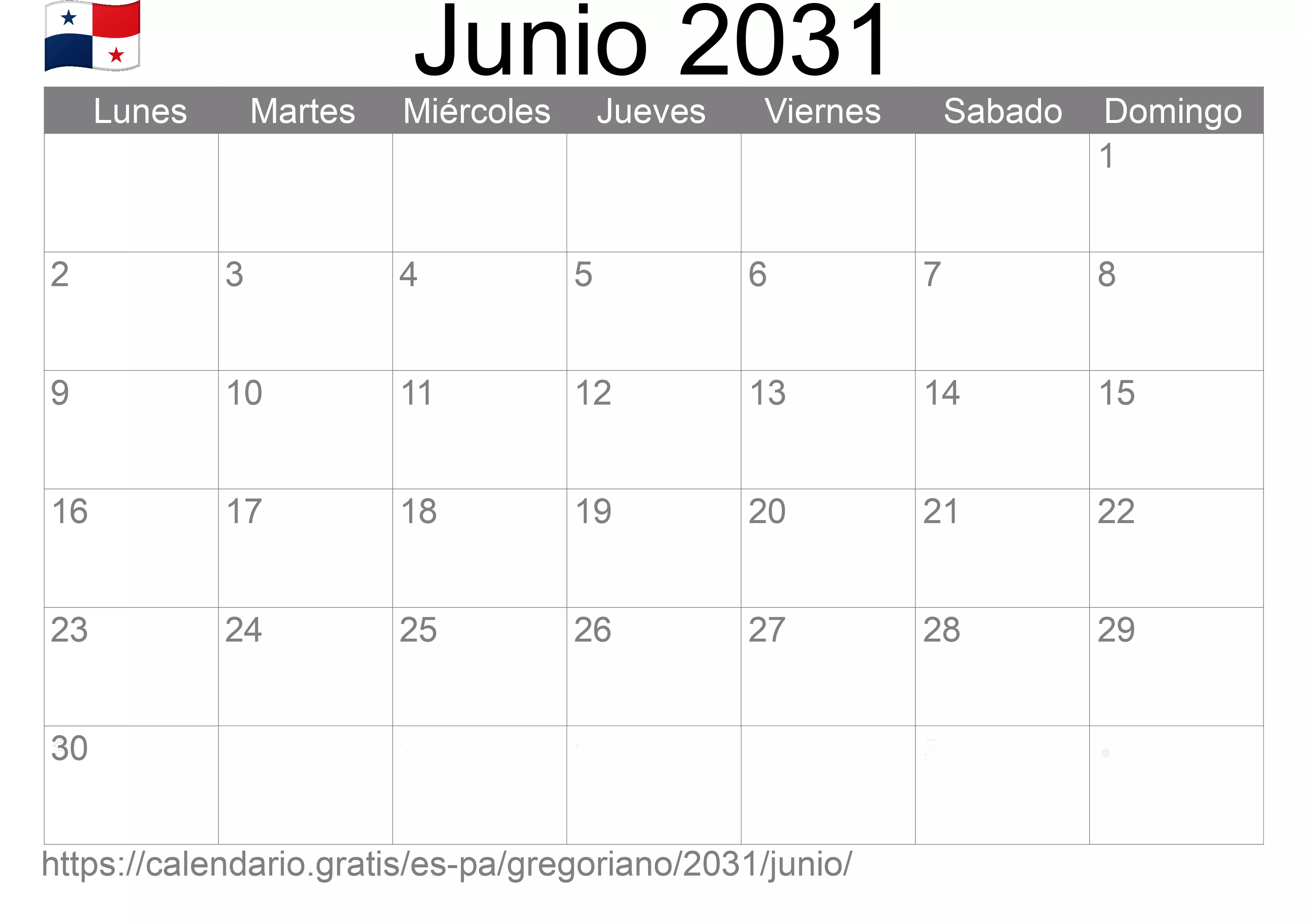 Calendario Junio 2031 para imprimir (Panamá)