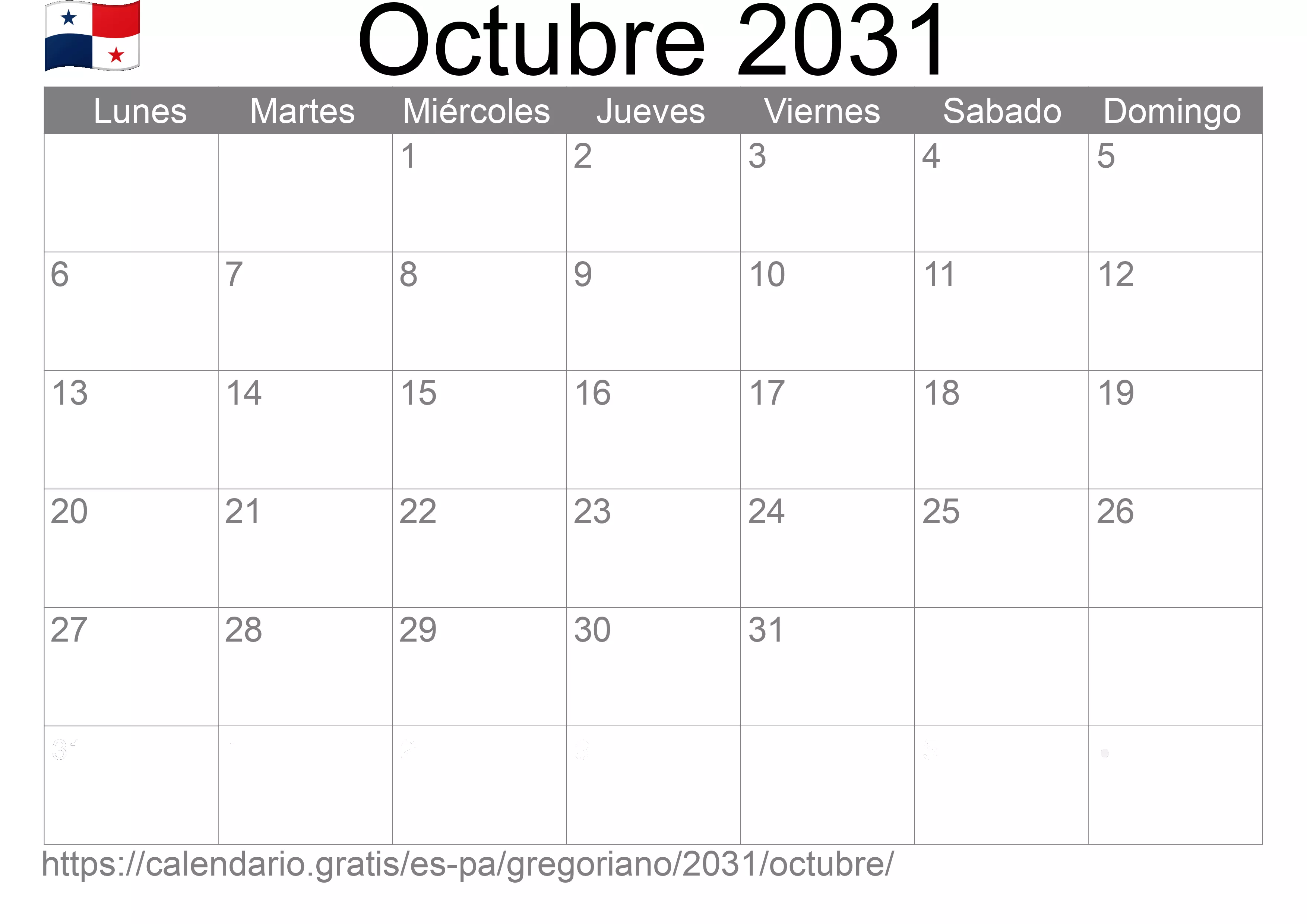 Calendario Octubre 2031 para imprimir (Panamá)