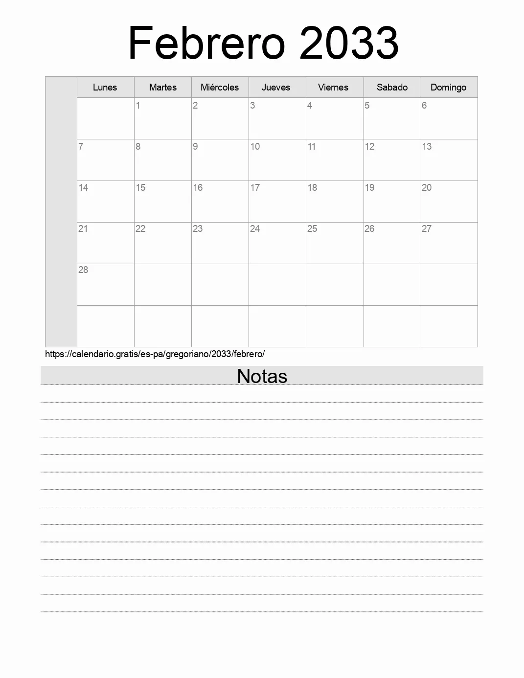 Calendario Febrero 2033 para imprimir con notas. (Panamá)