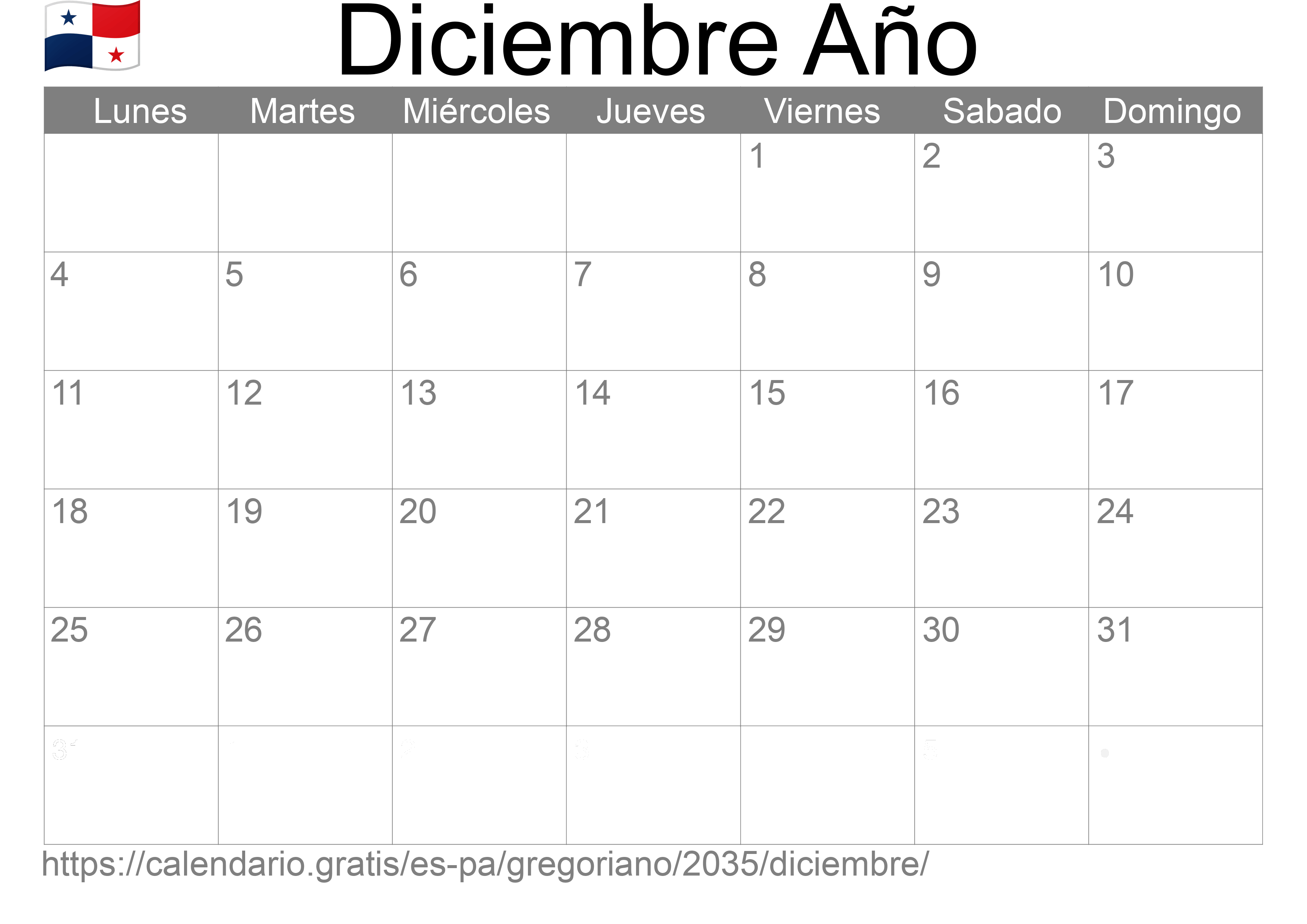 Calendario Diciembre 2035 para imprimir