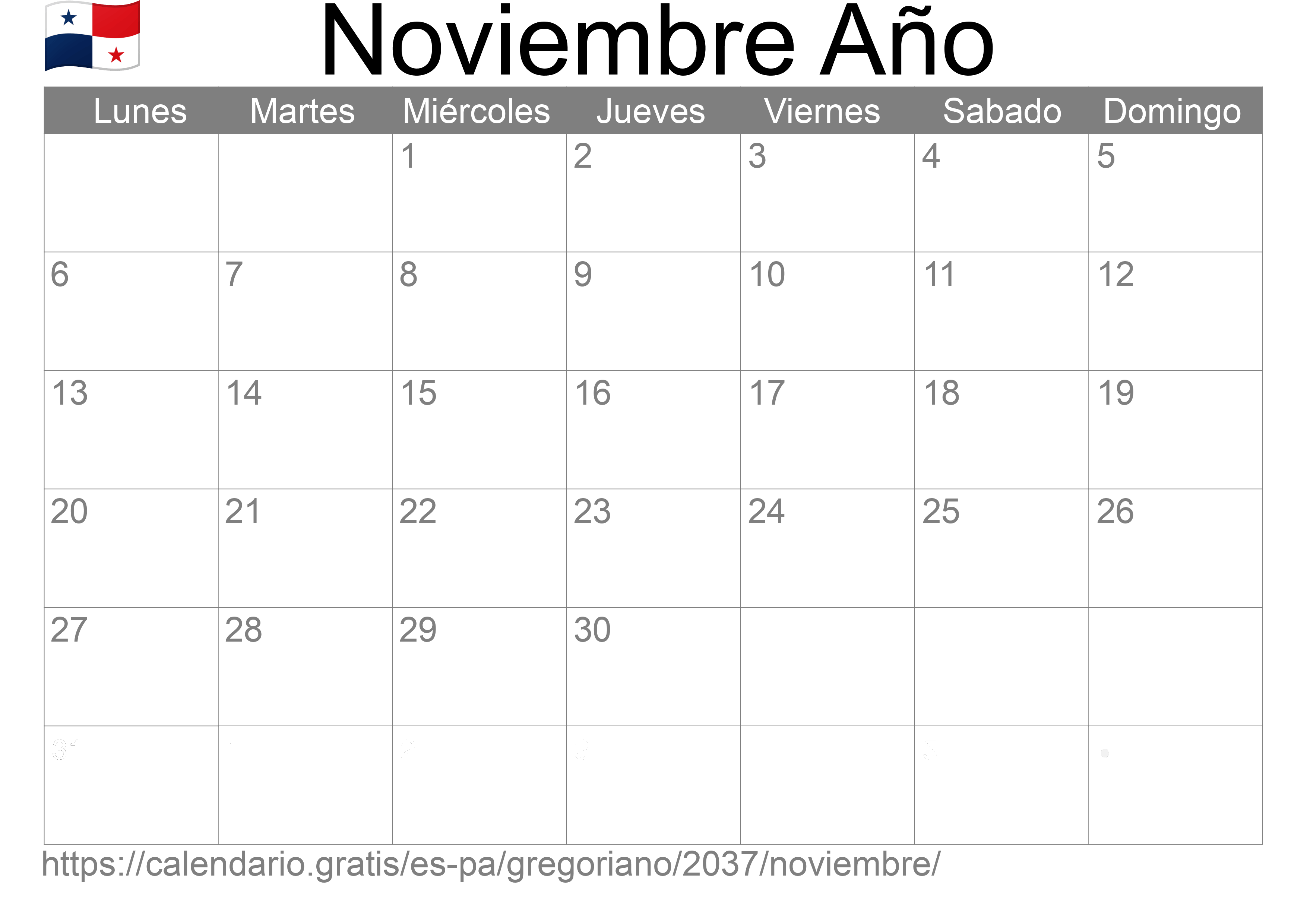 Calendario Noviembre 2037 para imprimir