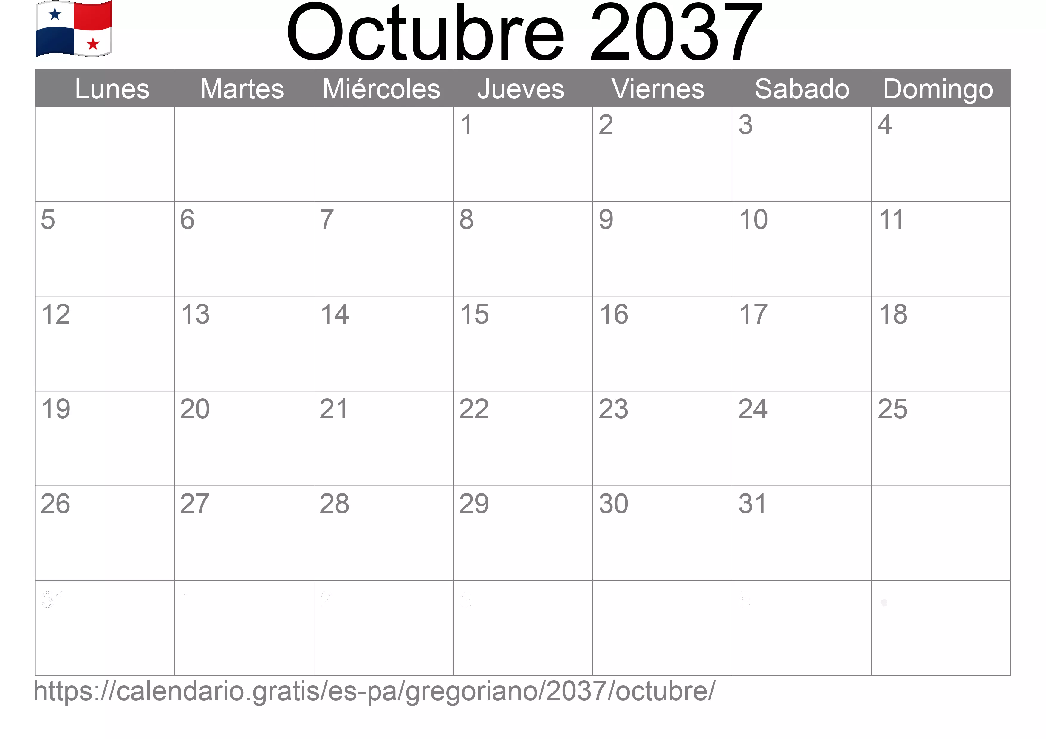 Calendario Octubre 2037 para imprimir (Panamá)