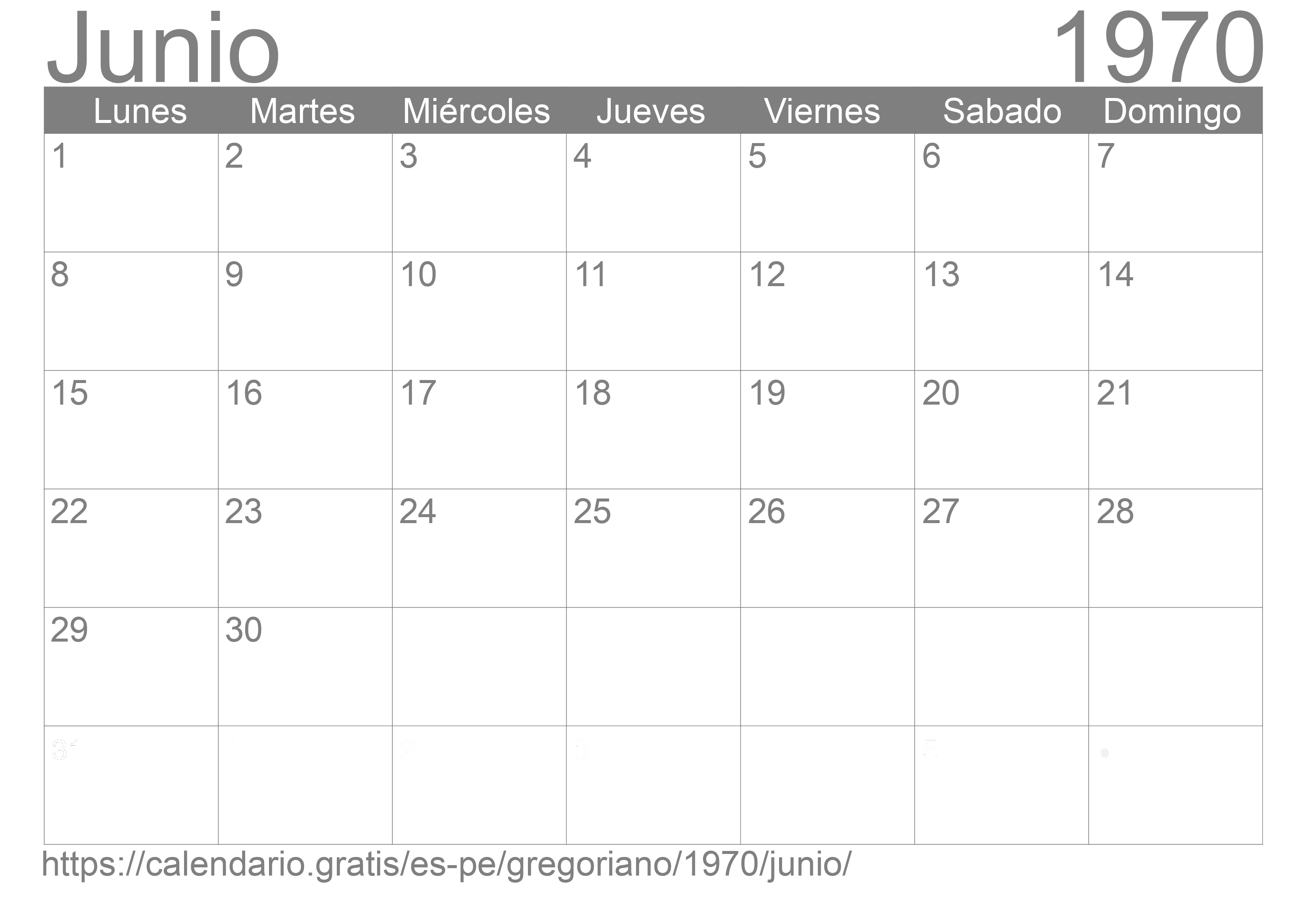 Calendario Junio 1970 para imprimir