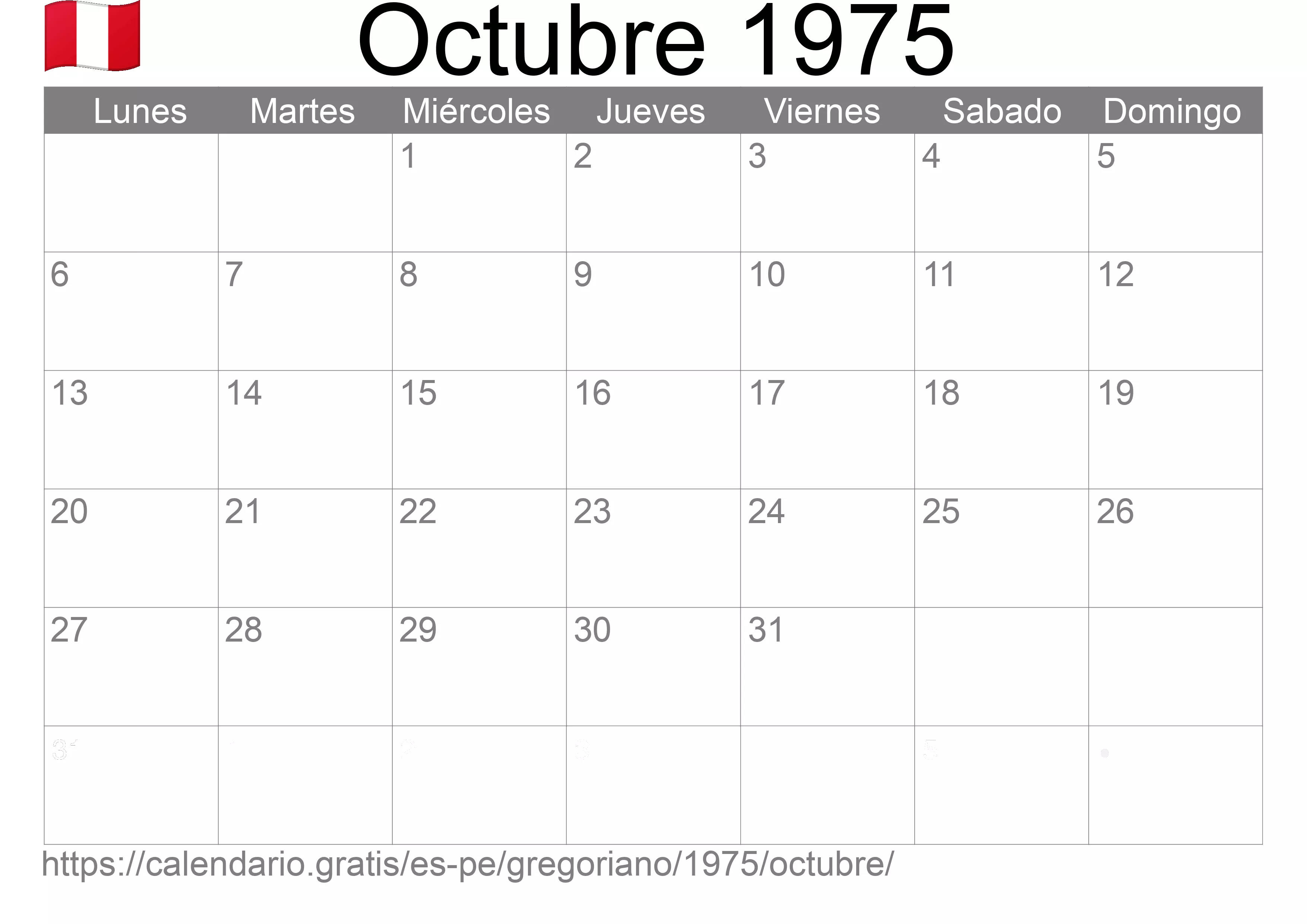 Calendario Octubre 1975 para imprimir (Perú)