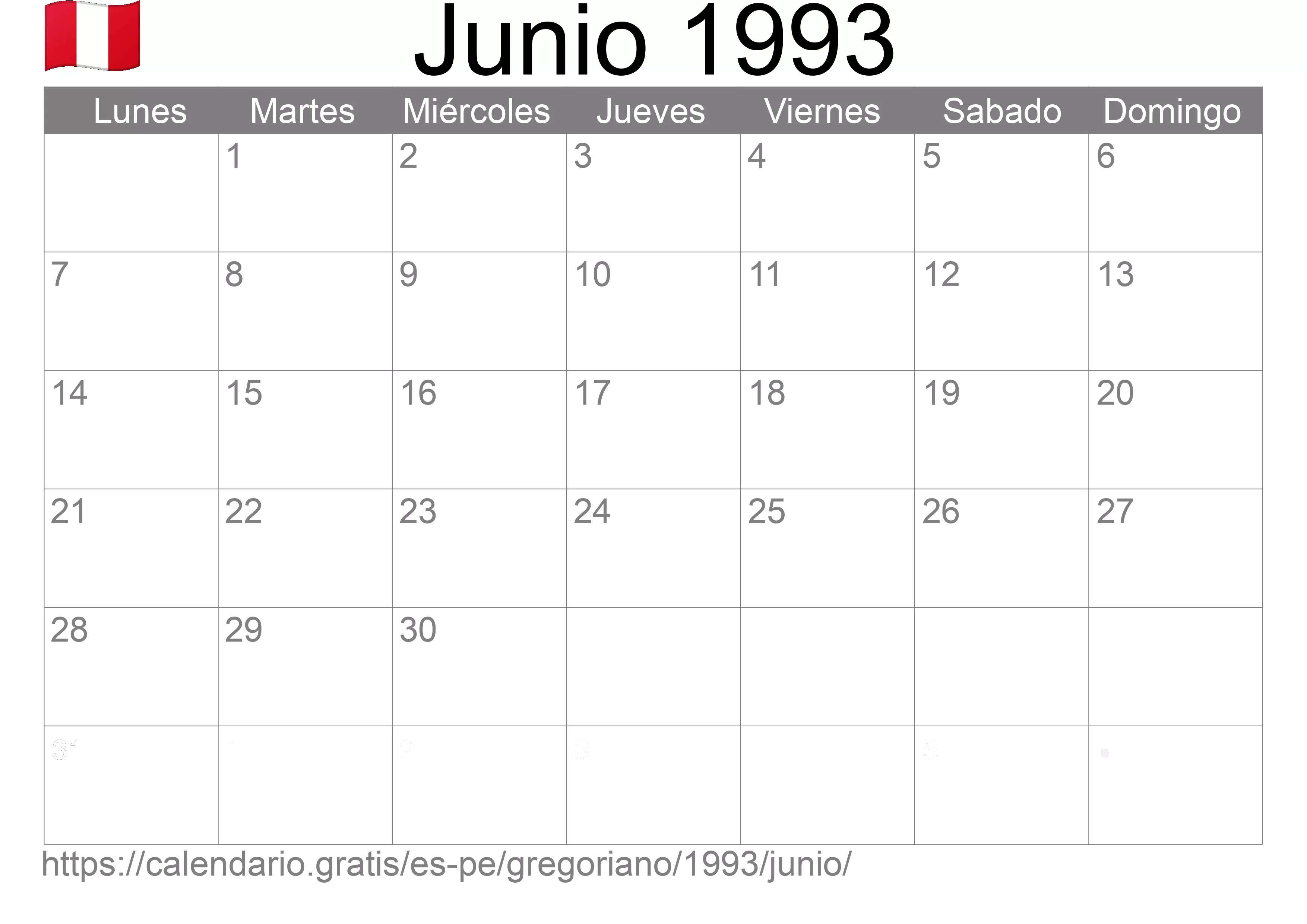 Calendario Junio 1993 para imprimir (Perú)