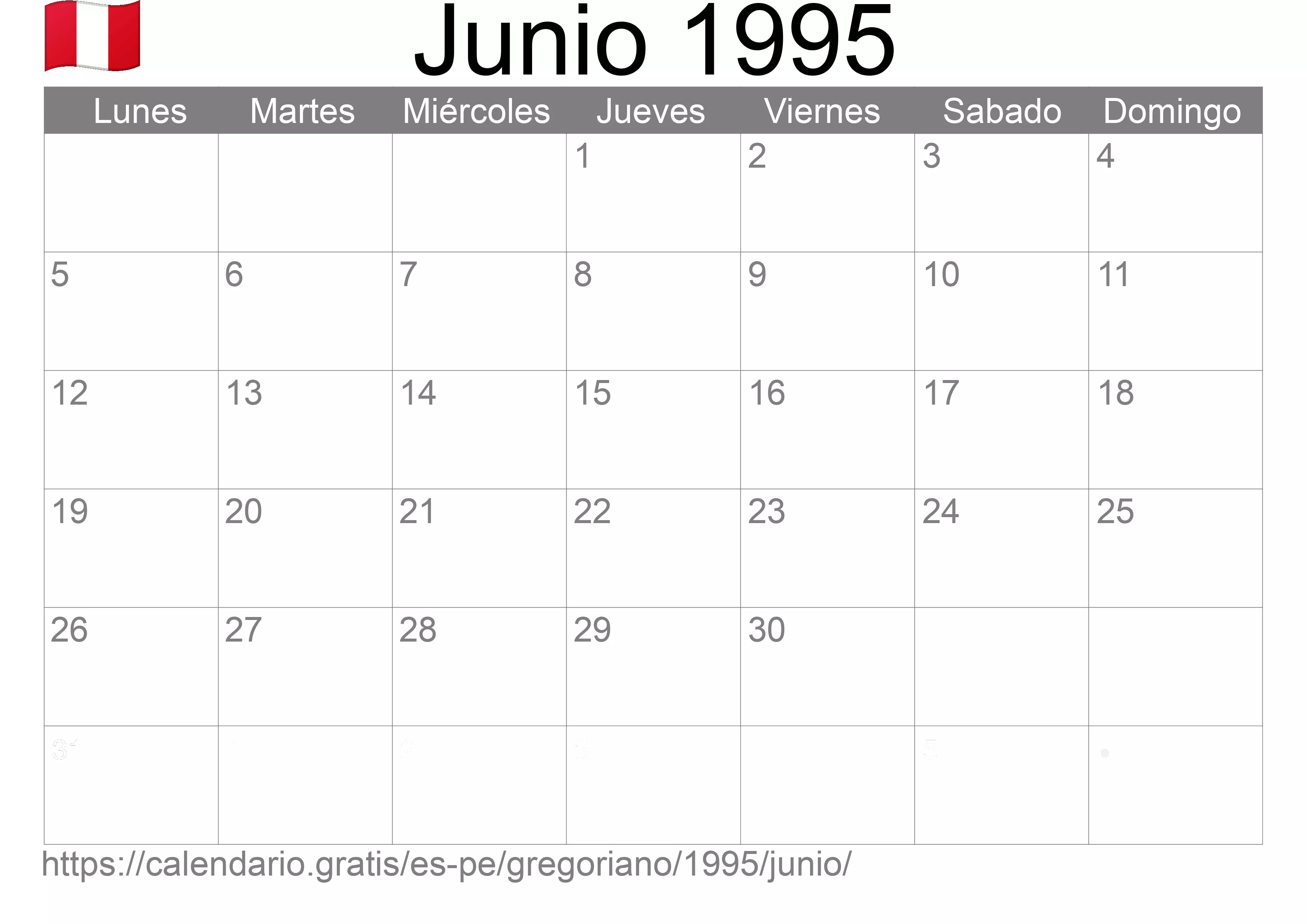 Calendario Junio 1995 para imprimir (Perú)