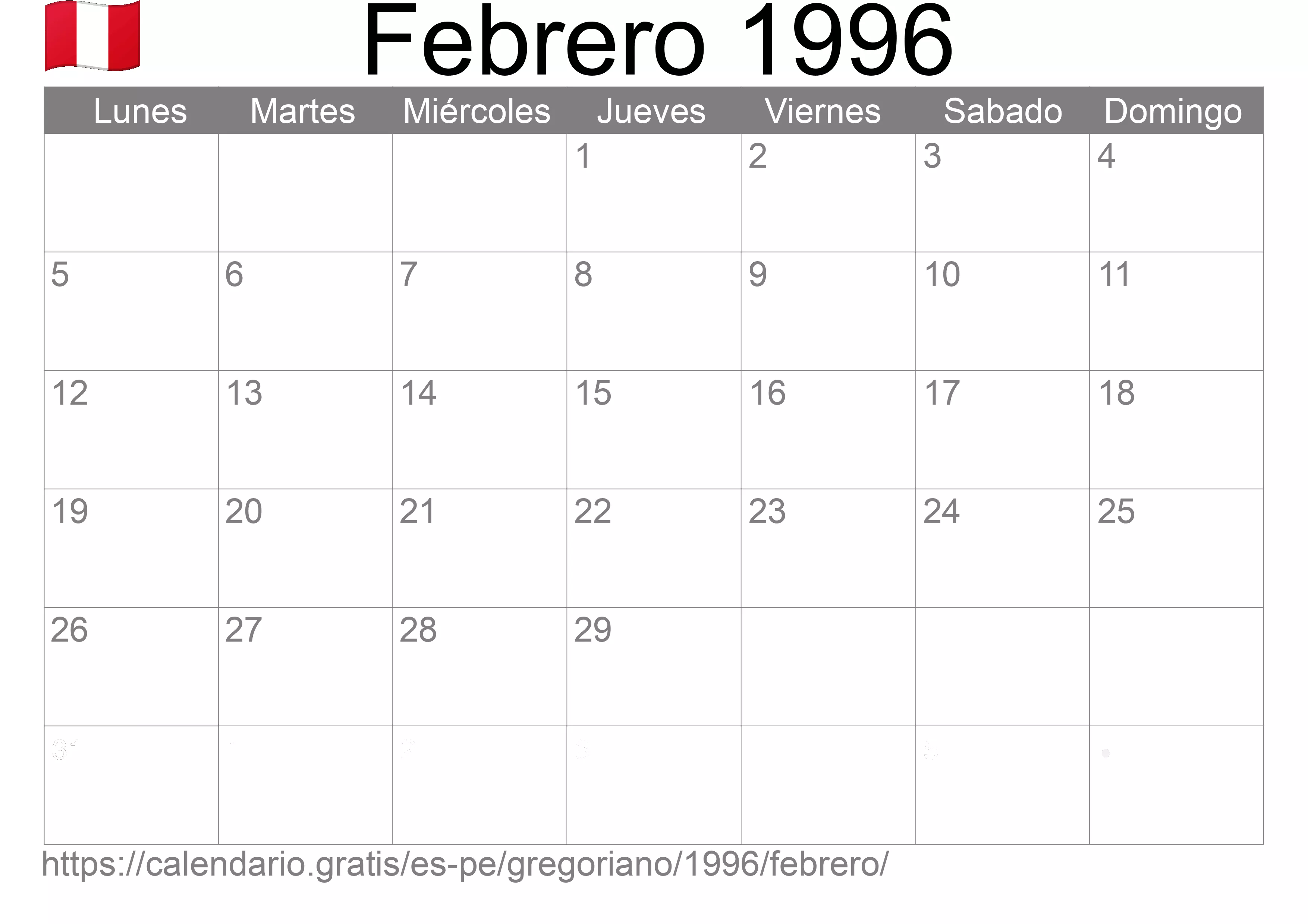 Calendario Febrero 1996 para imprimir (Perú)