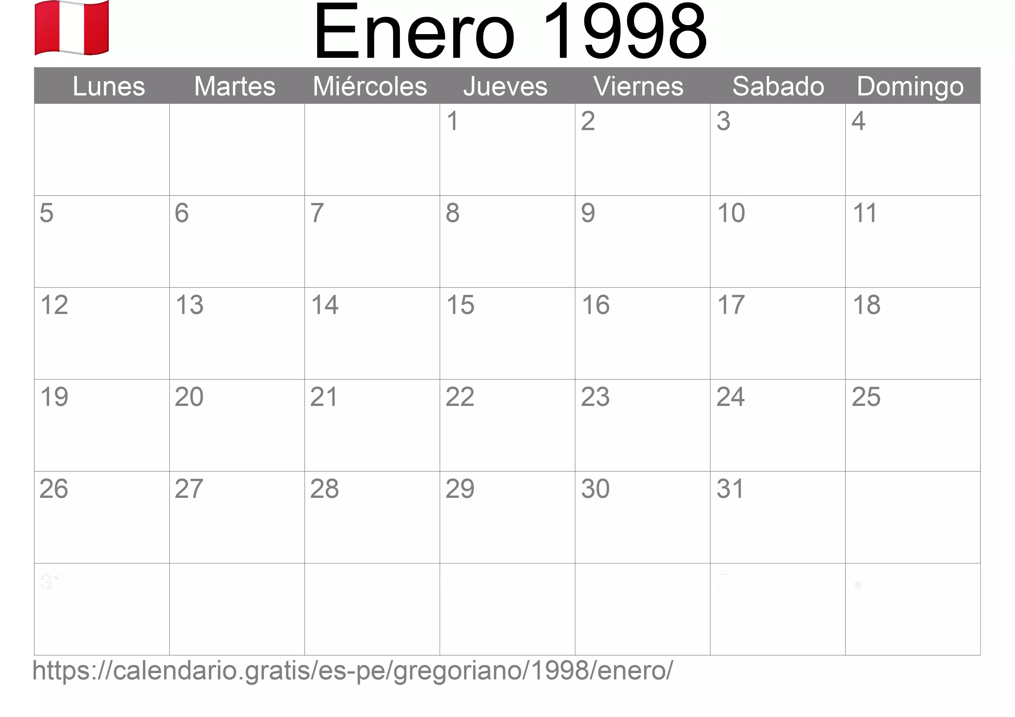 Calendario Enero 1998 para imprimir (Perú)