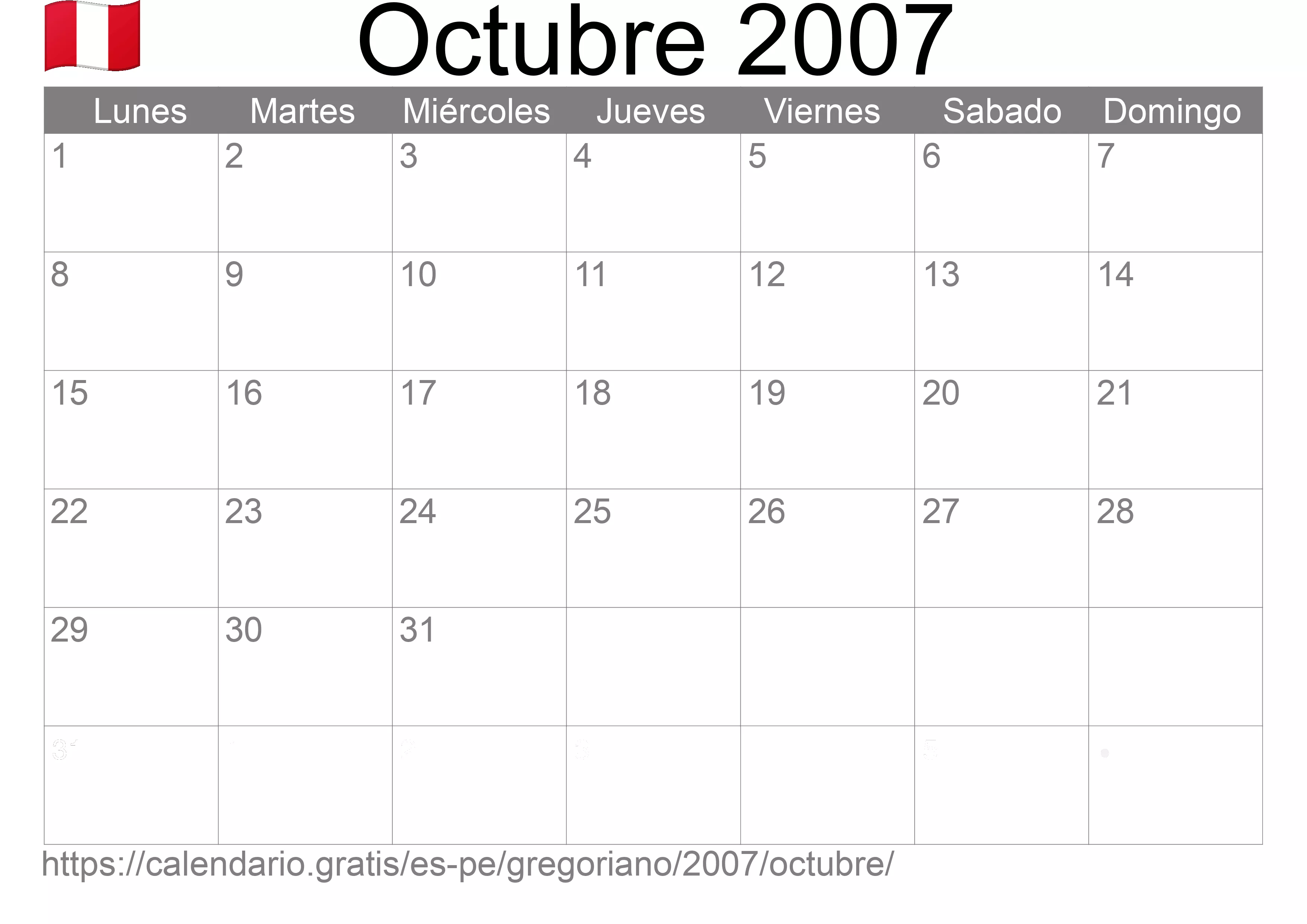 Calendario Octubre 2007 para imprimir (Perú)