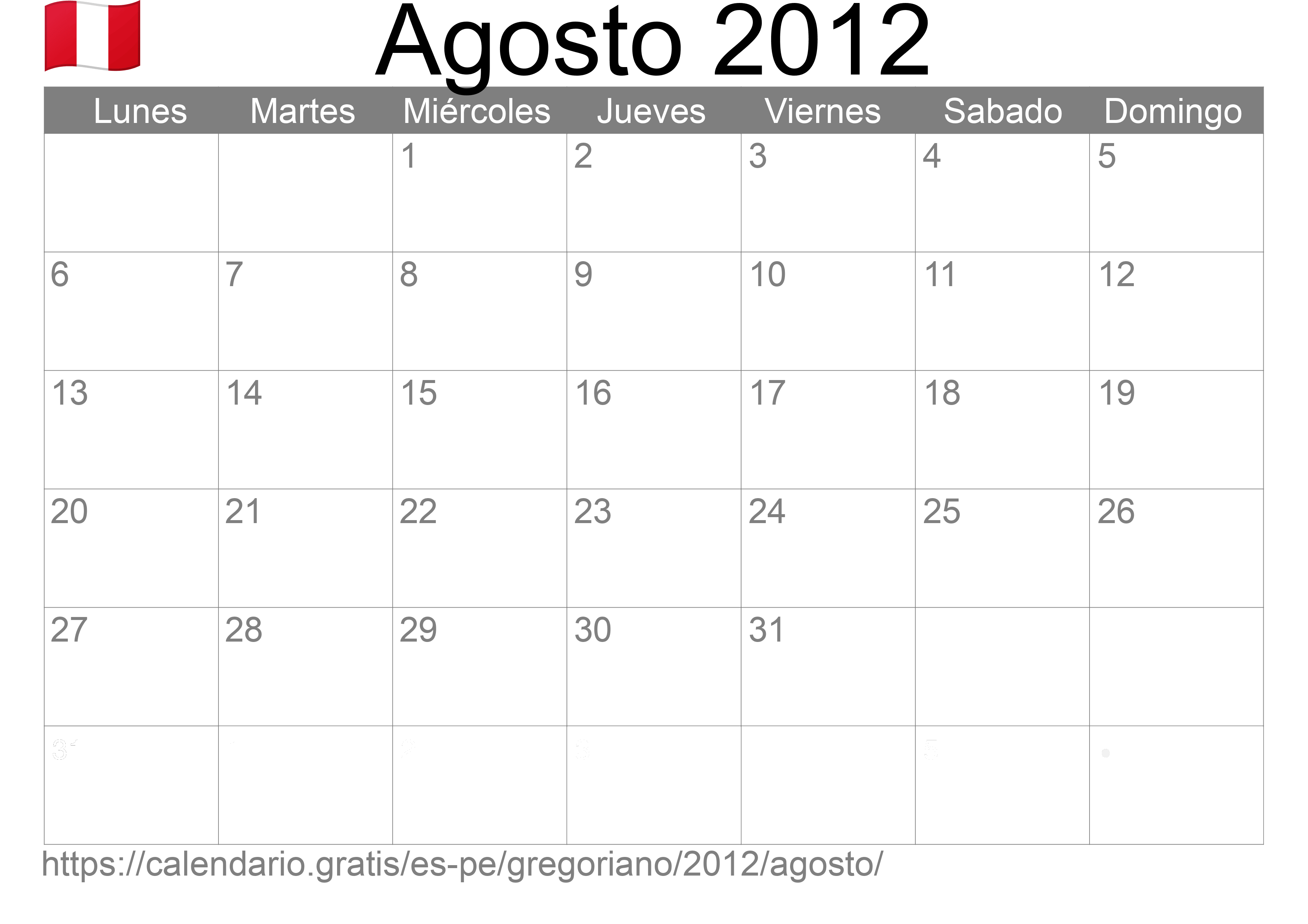 Calendario Agosto 2012 para imprimir