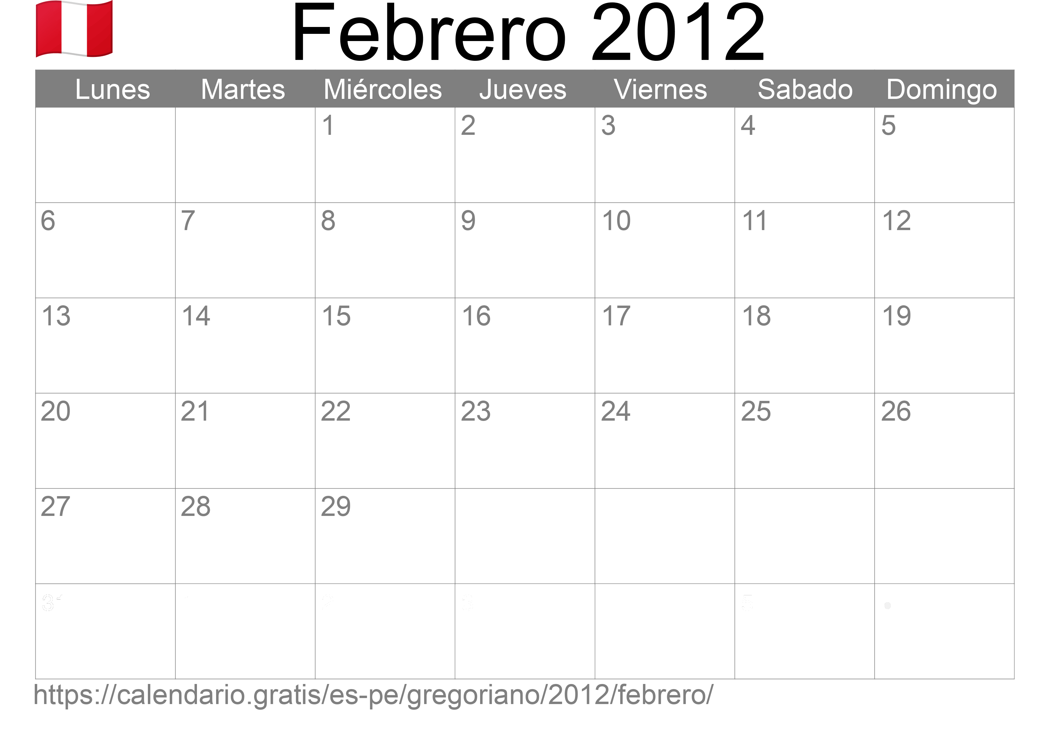 Calendario Febrero 2012 para imprimir