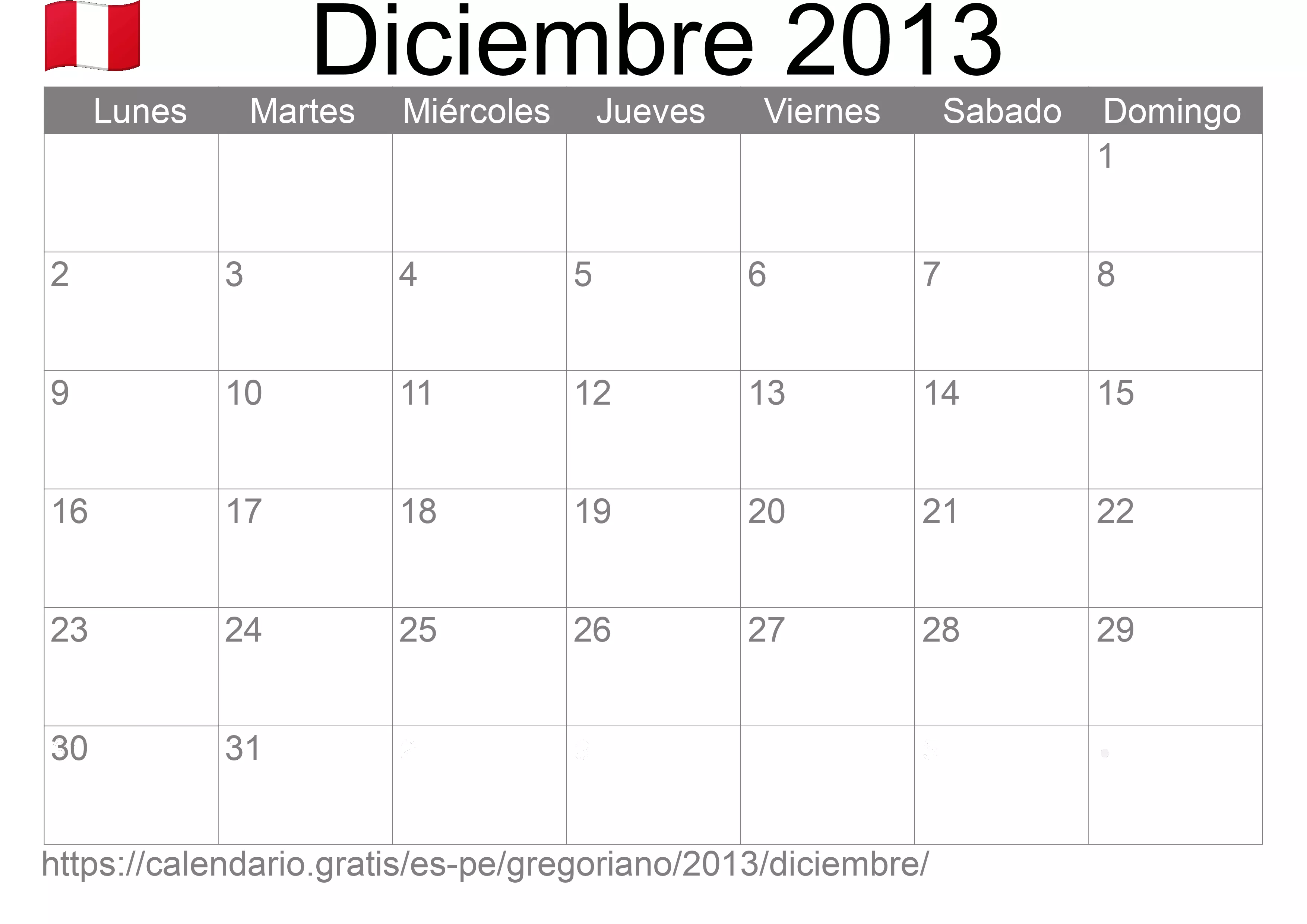 Calendario Diciembre 2013 para imprimir (Perú)