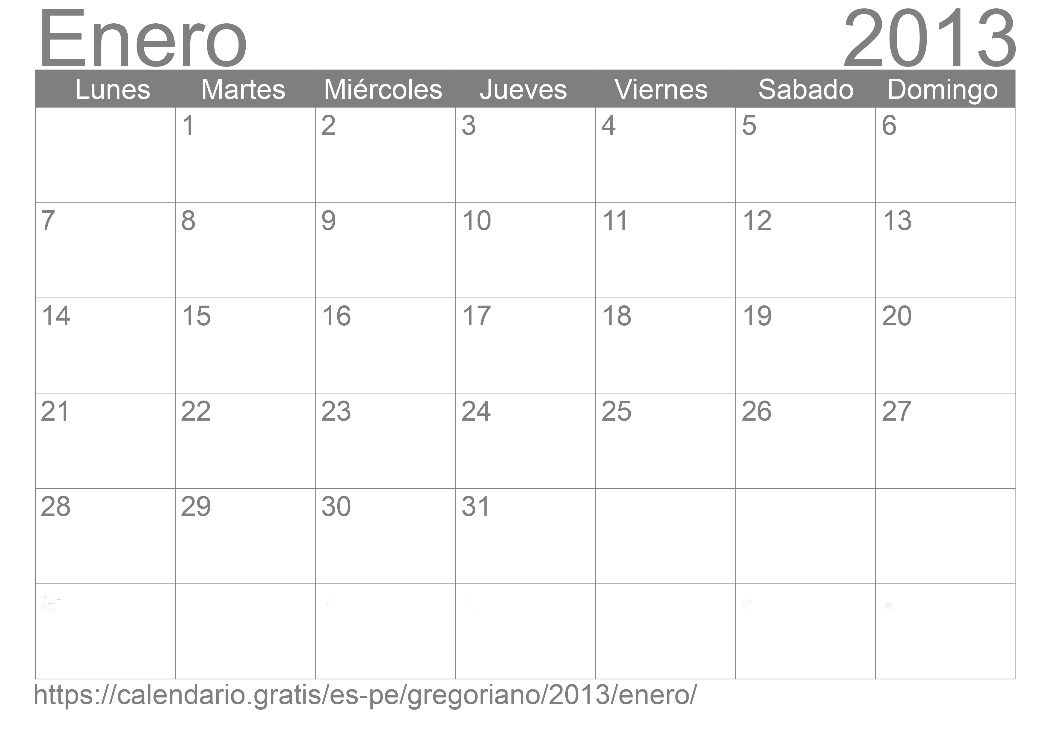 Calendario Enero 2013 para imprimir