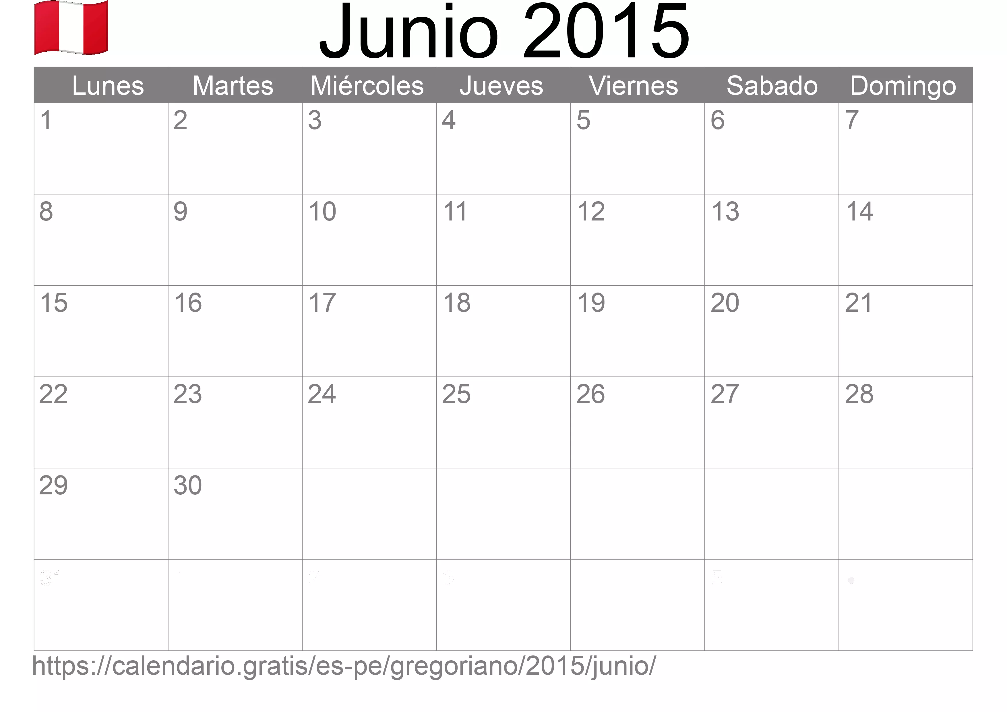 Calendario Junio 2015 para imprimir (Perú)
