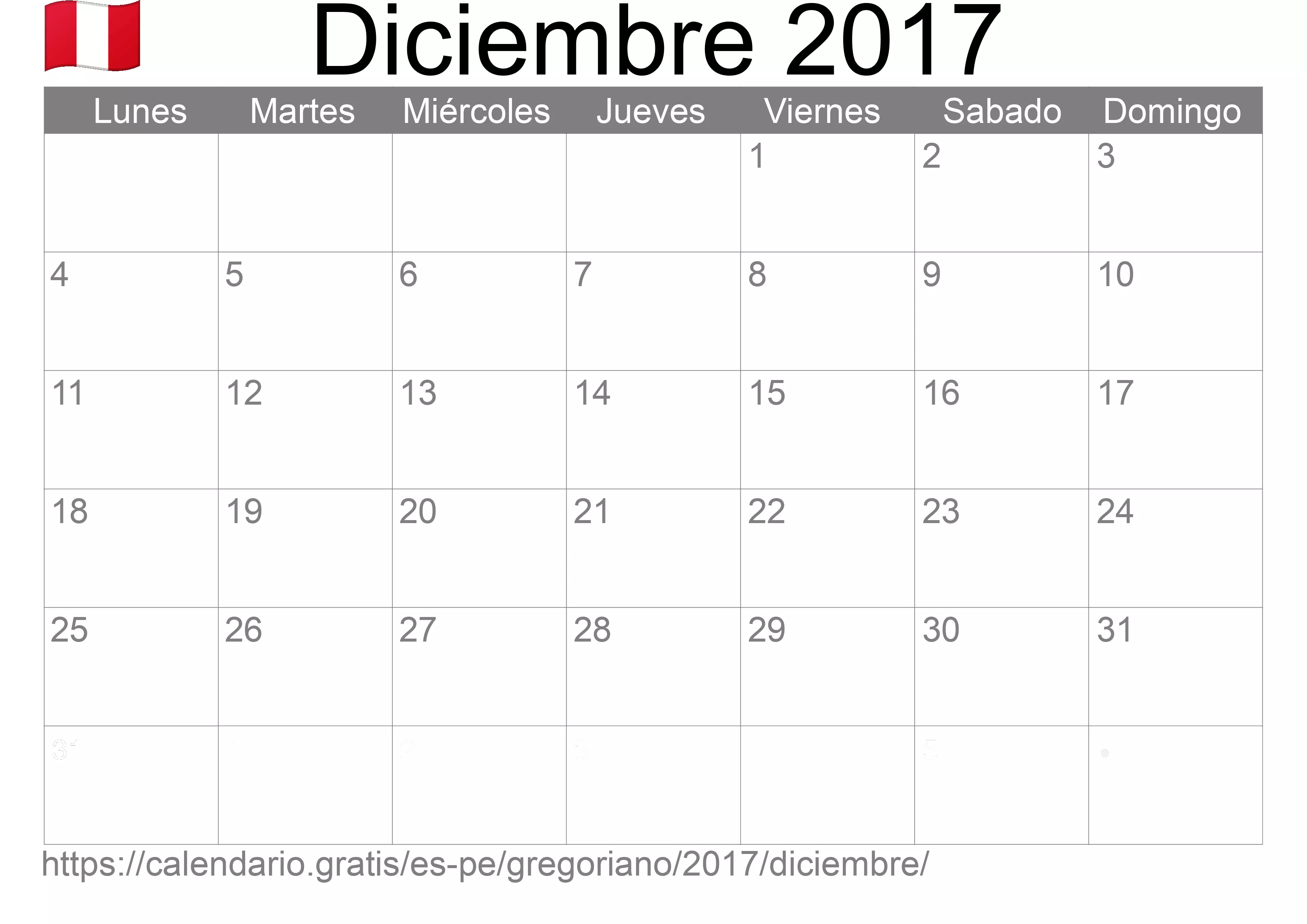 Calendario Diciembre 2017 para imprimir (Perú)