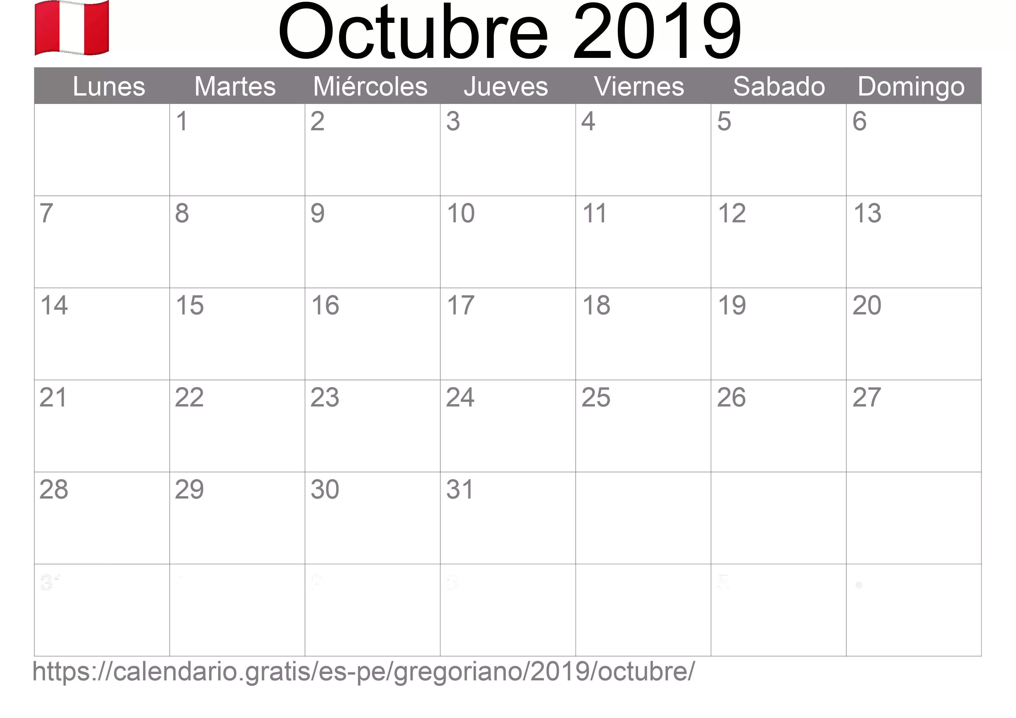 Calendario Octubre 2019 para imprimir (Perú)