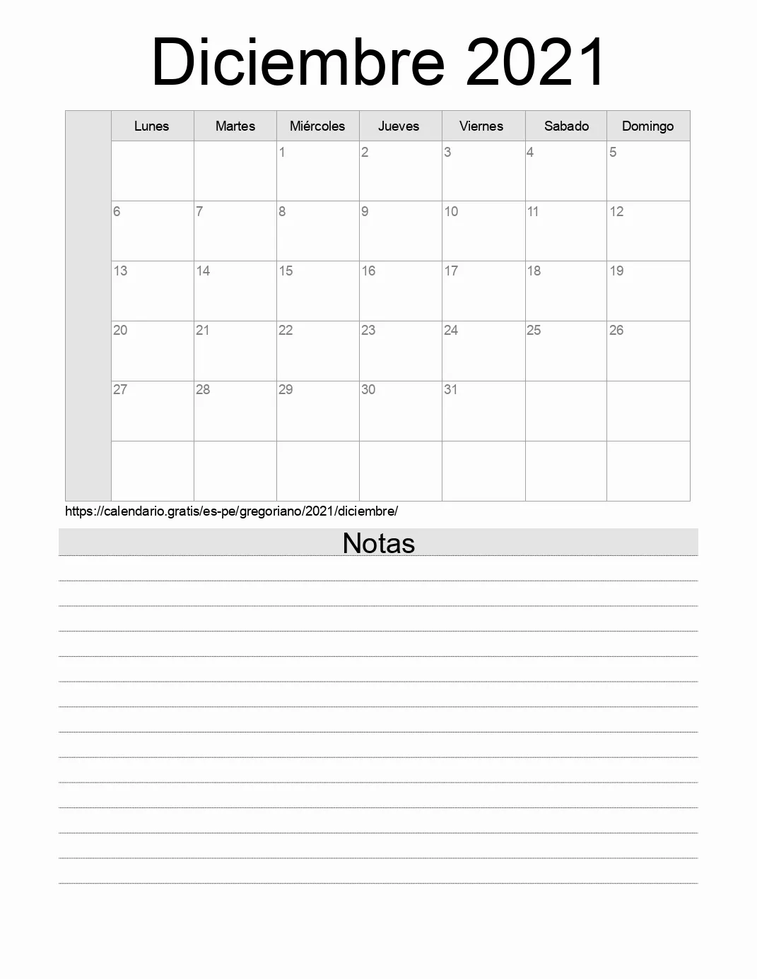 Calendario Diciembre 2021 para imprimir con notas. (Perú)
